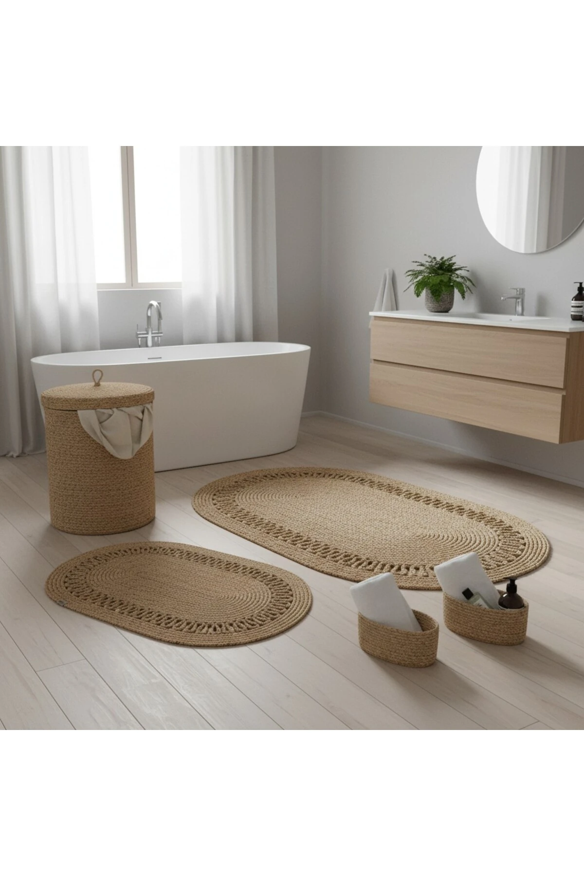 Hasır / Jüt 5 Parça Hasır Trikotlu Banyo Paspas Takımı | Kirli Sepeti | Oval Sepetler