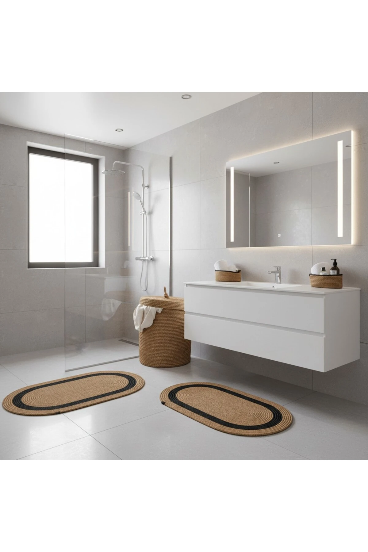 Hasır / Jüt 5 Parça Siyah Şeritli Banyo Paspas Takımı | Kirli Sepeti | Oval Sepetler