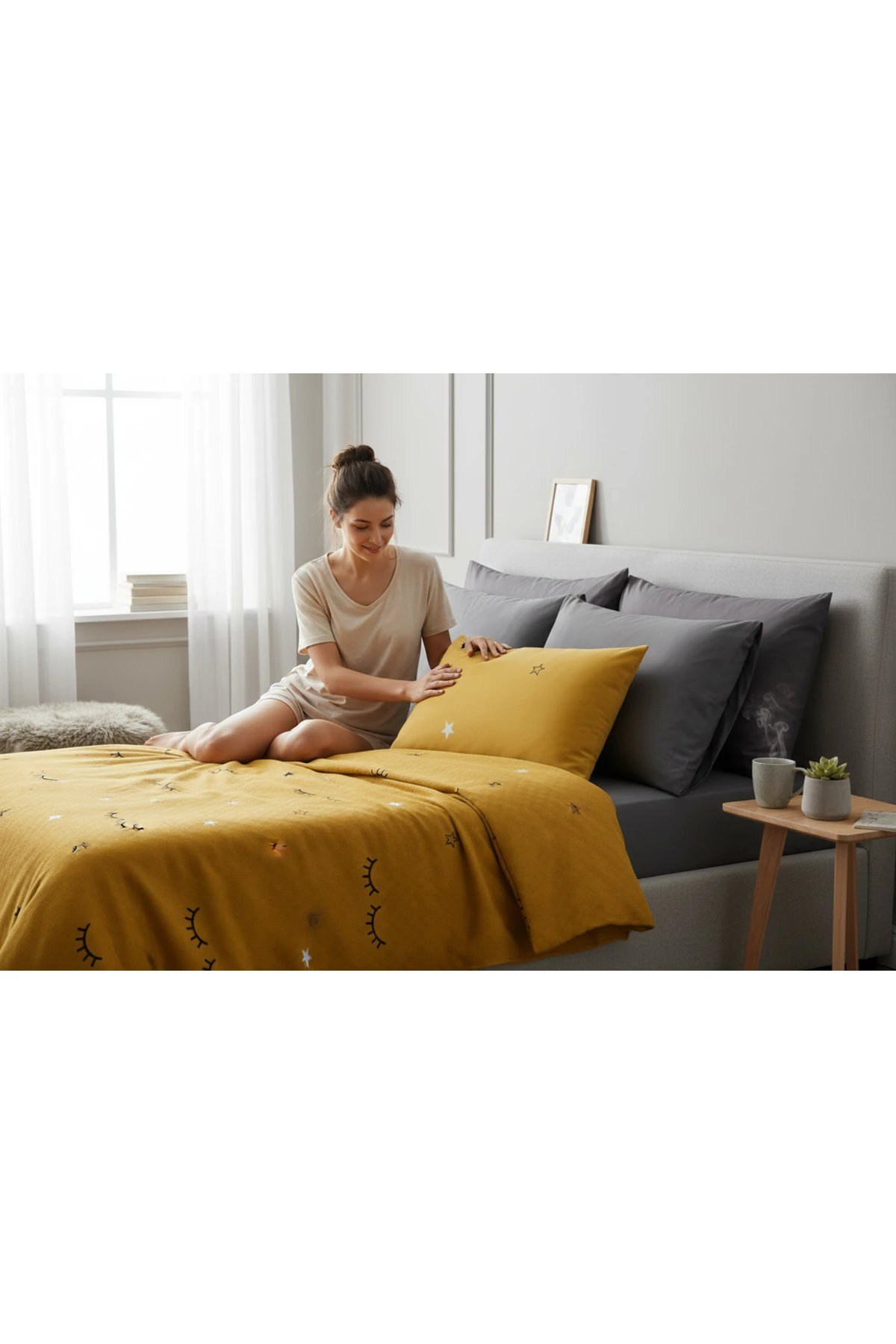 Dide Sarı Doğal Pike Baskılı Çift Kişilik