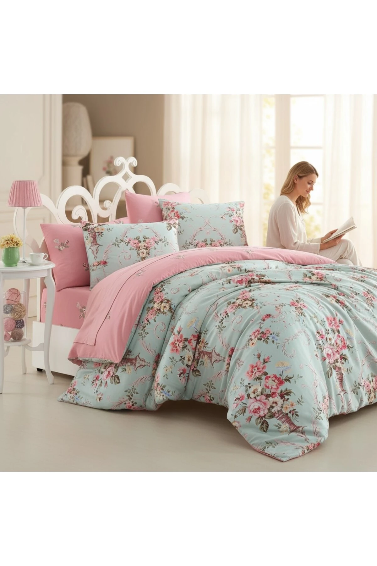 Kolay Ütülenir Çift Kişilik Nevresim Takımı Alanur Mint-Pembe