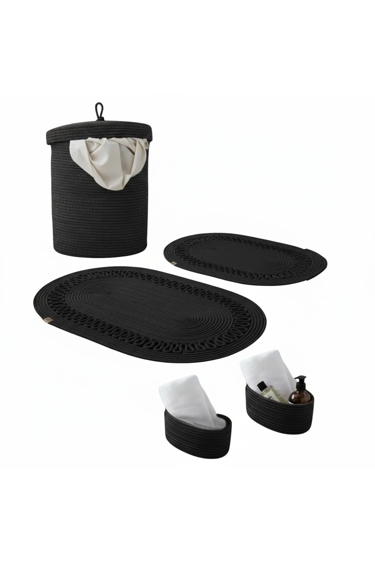 Hasır / Jüt 5 Parça Siyah Trikotlu Banyo Paspas Takımı | Kirli Sepeti | Oval Sepetler