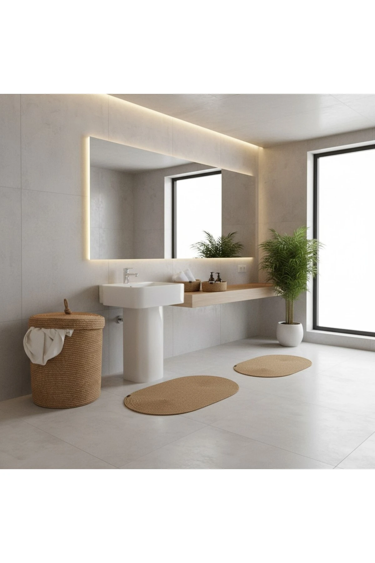 Hasır / Jüt 5 Parça Hasır Banyo Paspas Takımı | Kirli Sepeti | Oval Sepetler