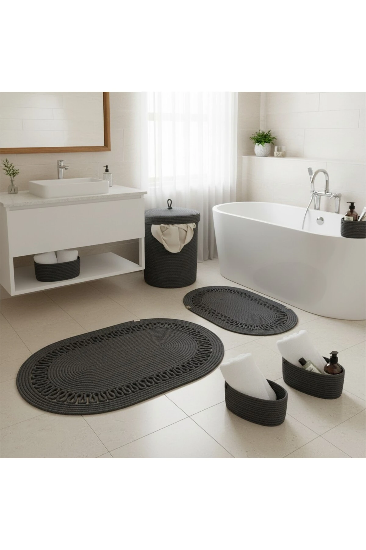 Hasır / Jüt 5 Parça Antrasit Trikotlu Banyo Paspas Takımı | Kirli Sepeti | Oval Sepetler