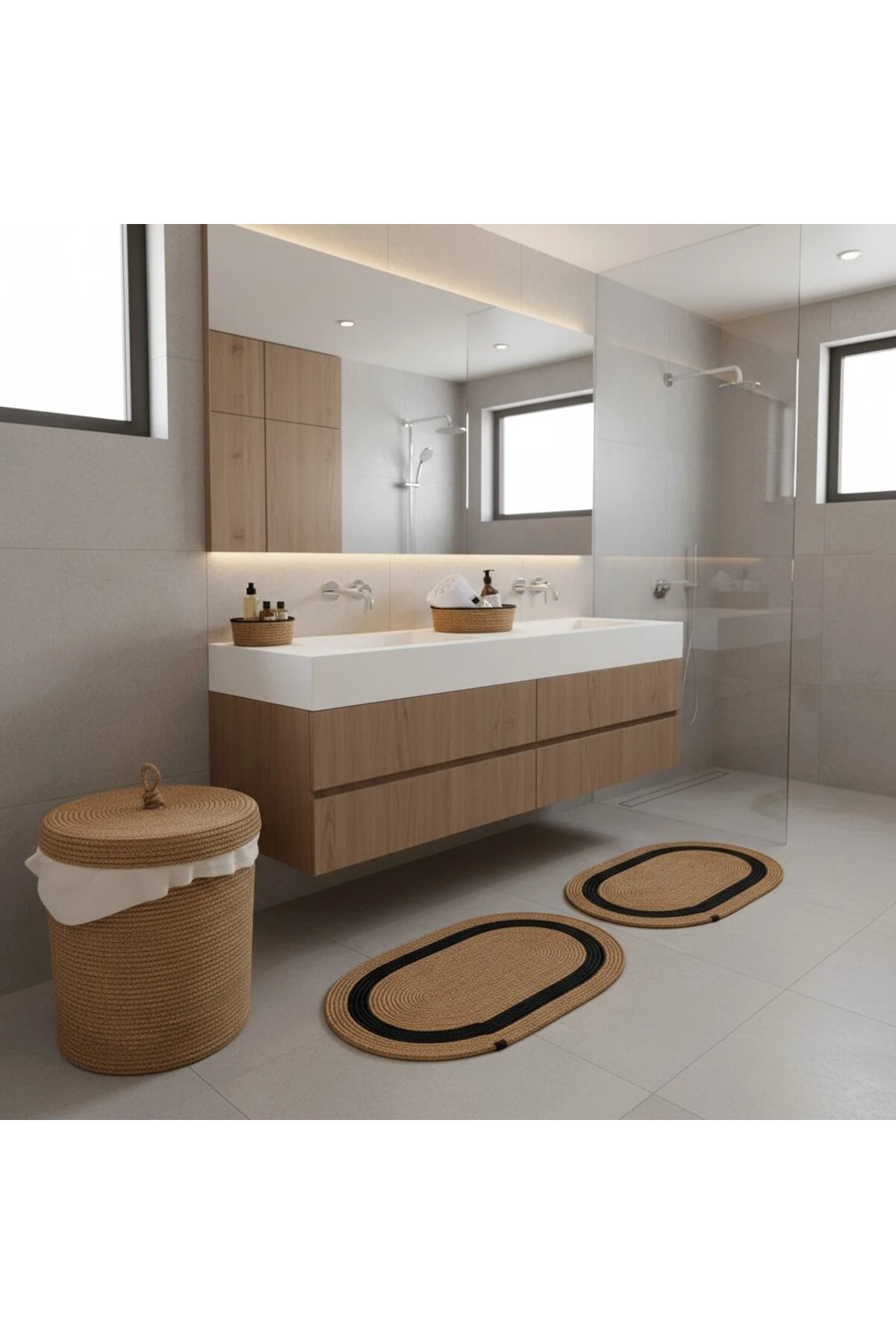 Hasır / Jüt 5 Parça Siyah Şeritli Banyo Paspas Takımı | Kirli Sepeti | Oval Sepetler