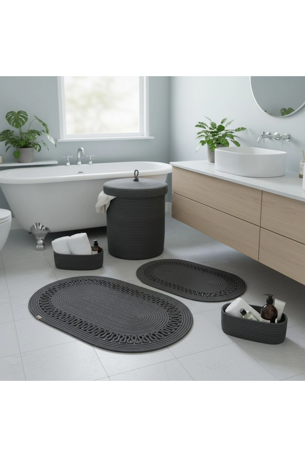 Hasır / Jüt 5 Parça Antrasit Trikotlu Banyo Paspas Takımı | Kirli Sepeti | Oval Sepetler