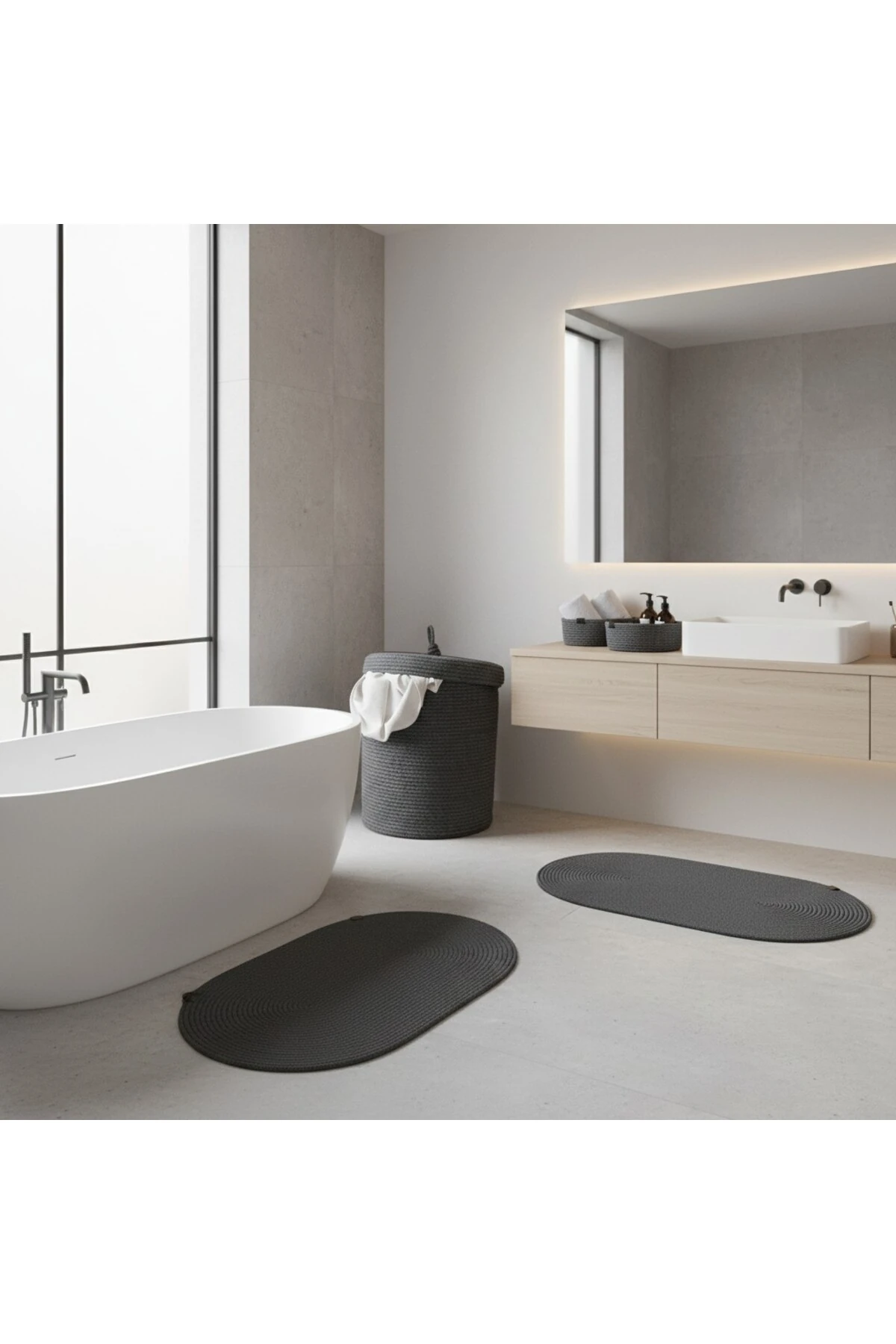 Hasır / Jüt 5 Parça Antrasit Banyo Paspas Takımı | Kirli Sepeti | Oval Sepetler