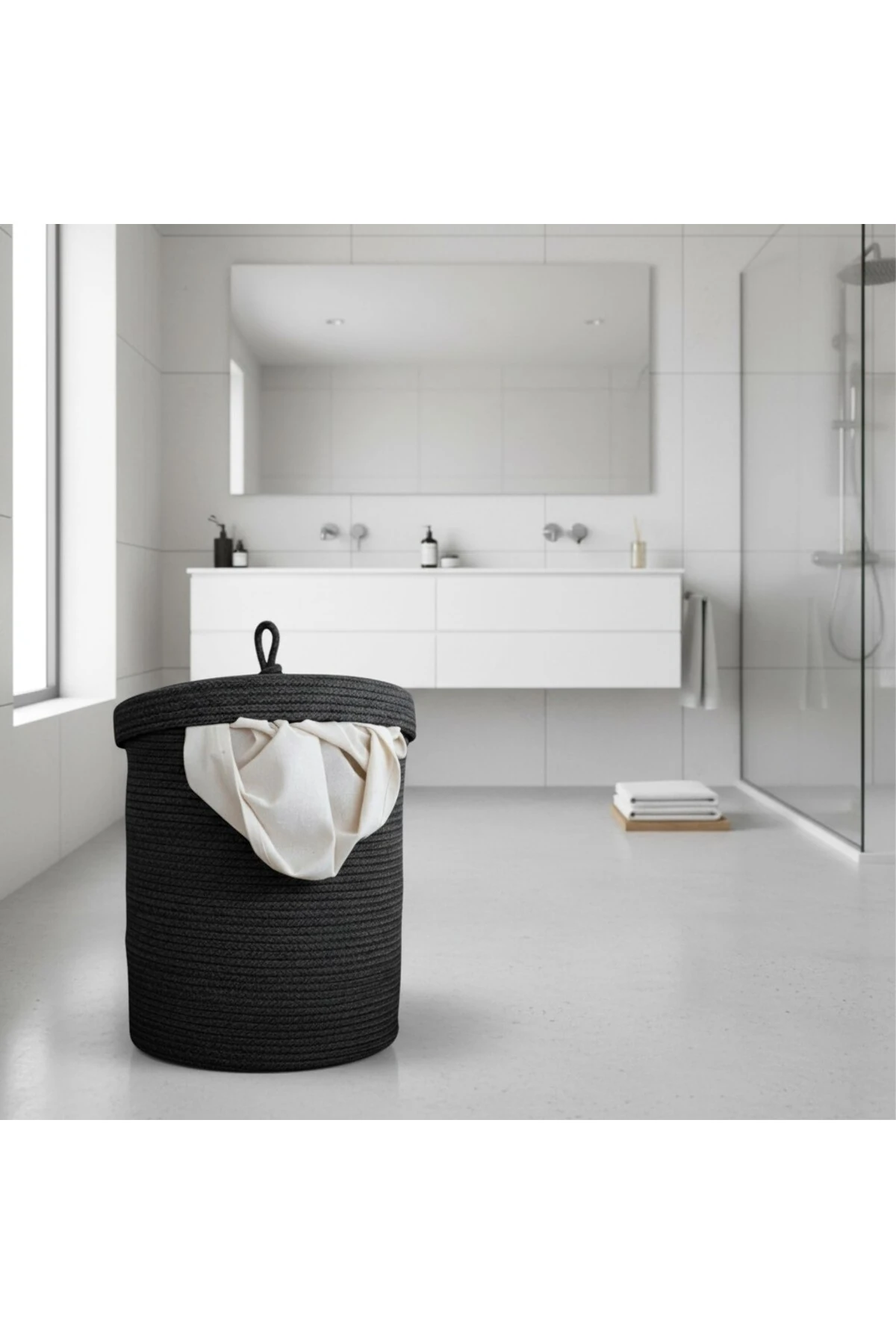 Jüt Kapaklı Hasır Kirli Çamaşır Sepeti Siyah | Oyuncak, Banyo Organizeri | 35x40 Cm