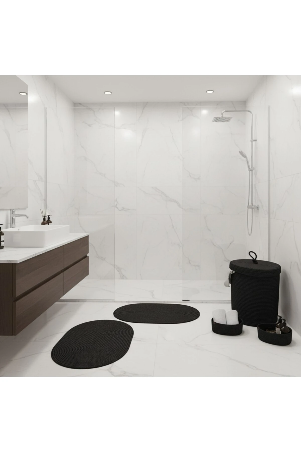 Hasır / Jüt 5 Parça Siyah Banyo Paspas Takımı | Kirli Sepeti | Oval Sepetler