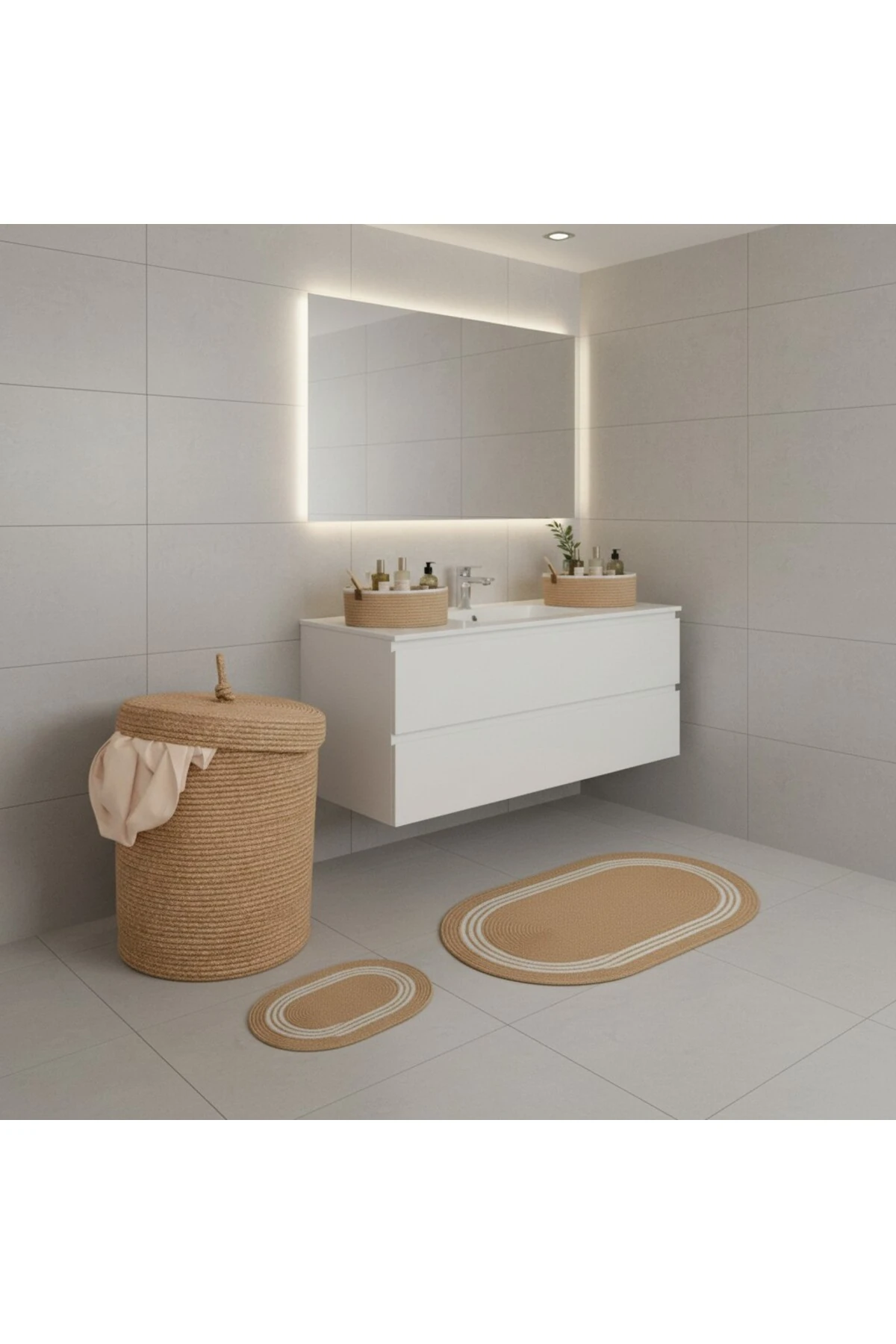 Hasır / Jüt 5 Parça Beyaz Çizgili Banyo Paspas Takımı | Kirli Sepeti | Oval Sepetler