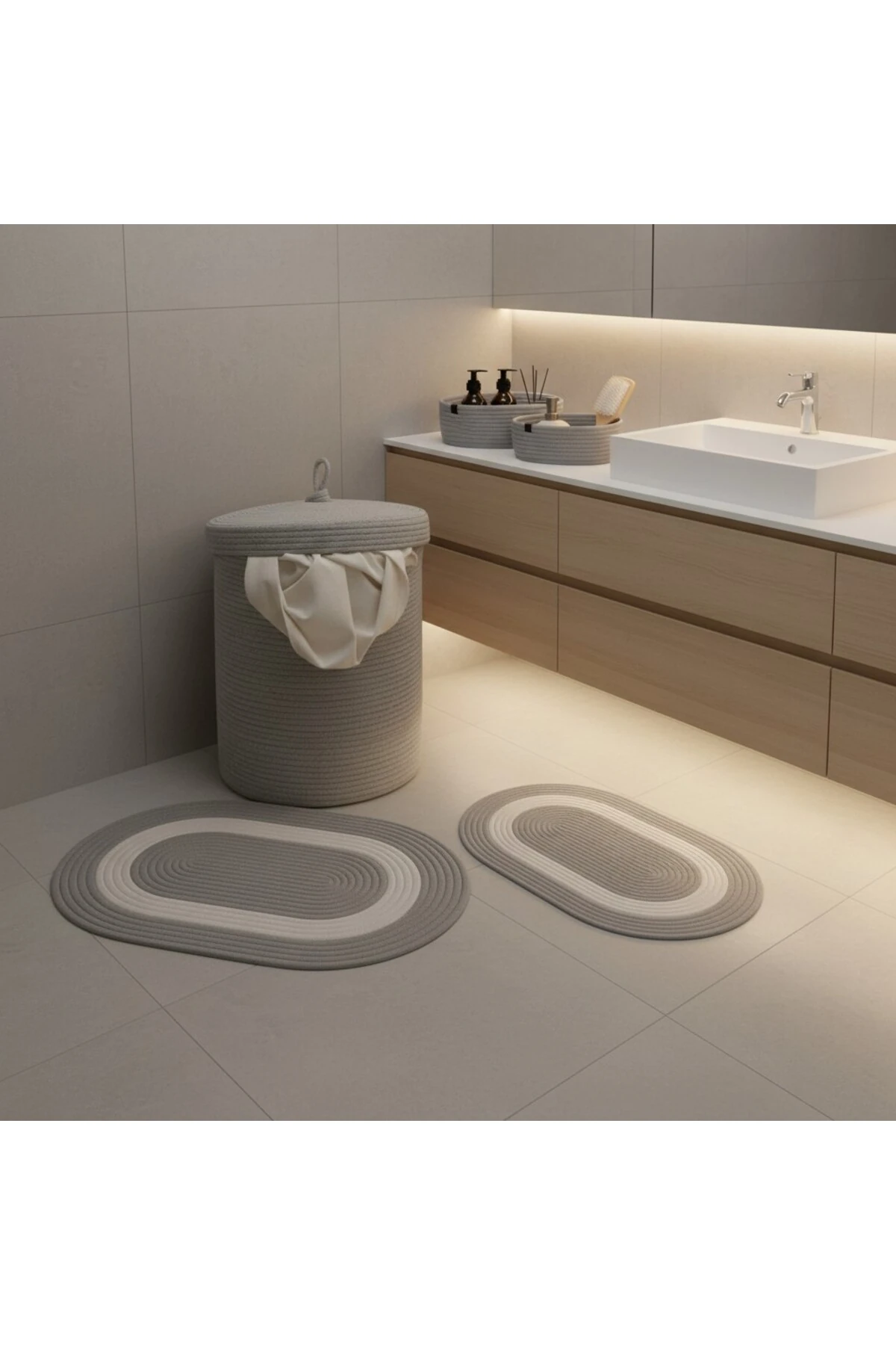 Hasır / Jüt 5 Parça Gri Beyaz Şeritli Banyo Paspas Takımı | Kirli Sepeti | Oval Sepetler