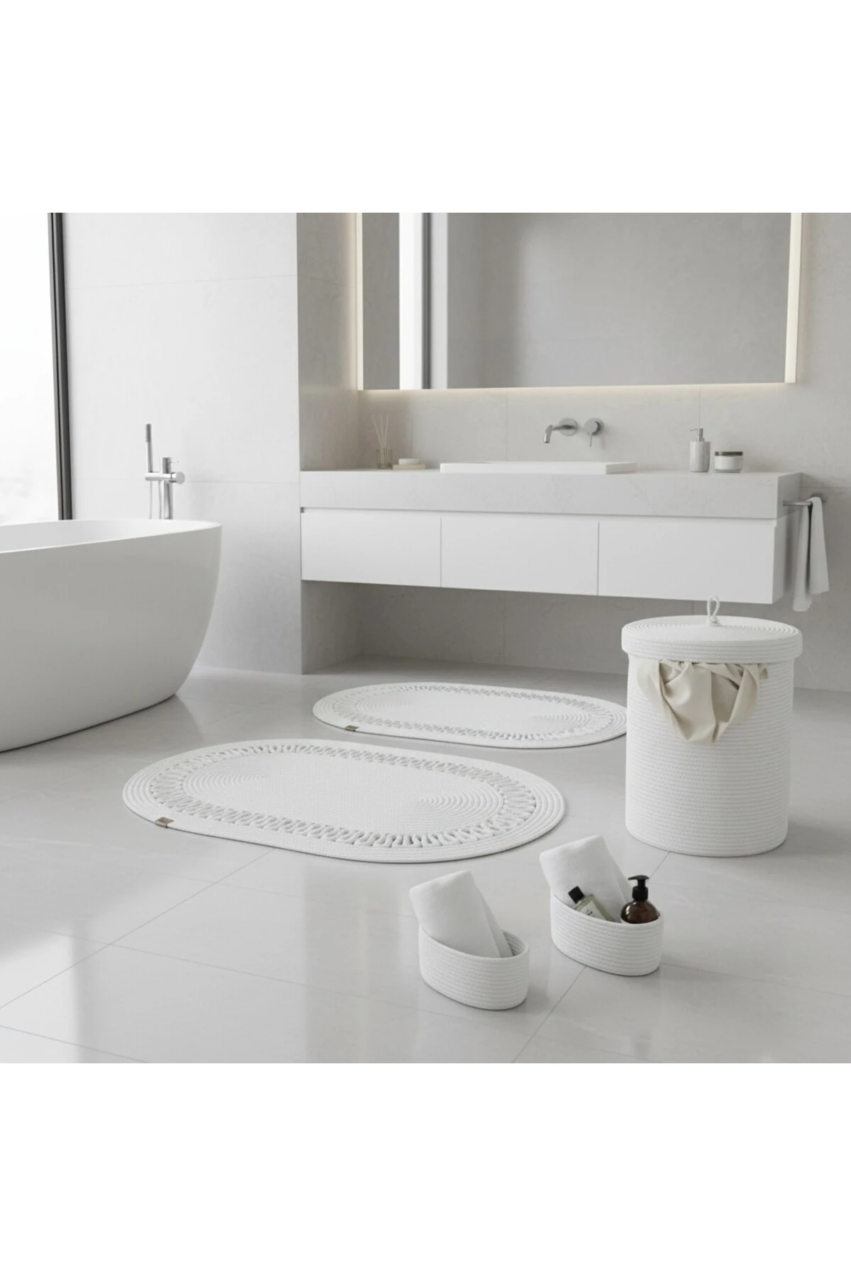 Hasır / Jüt 5 Parça Beyaz Trikotlu Banyo Paspas Takımı | Kirli Sepeti | Oval Sepetler