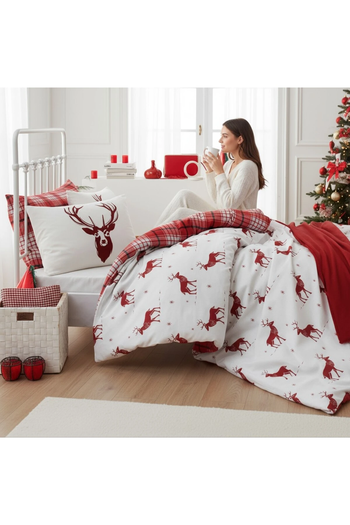 Tek Kişilik Kolay Ütülenir Nevresim Takımı Bordo Geyik