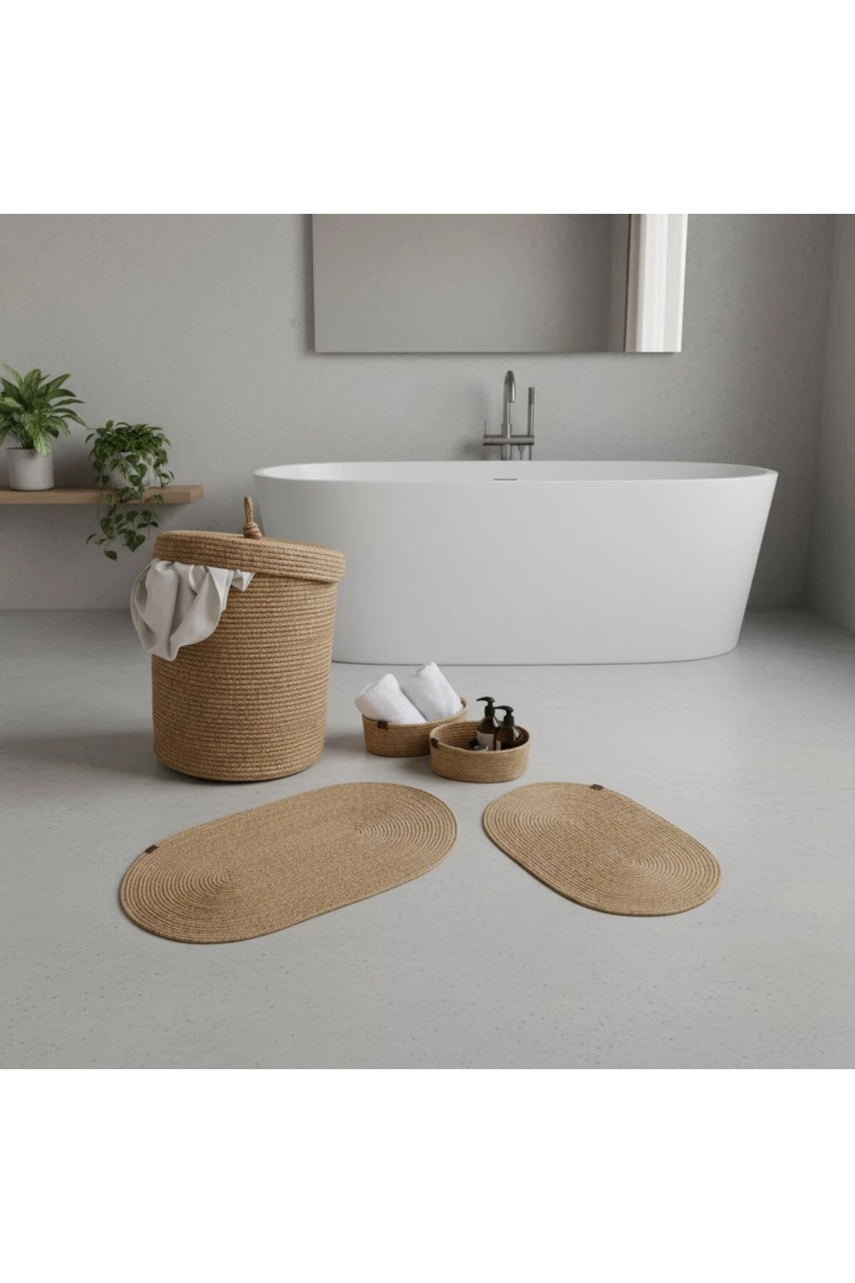 Hasır / Jüt 5 Parça Hasır Banyo Paspas Takımı | Kirli Sepeti | Oval Sepetler