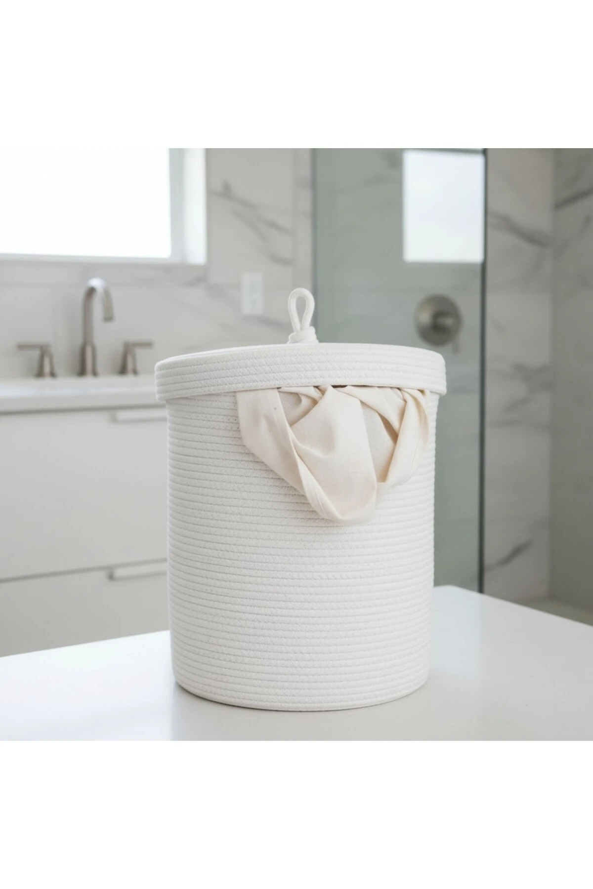 Jüt Kapaklı Hasır Kirli Çamaşır Sepeti Beyaz | Oyuncak, Banyo Organizeri | 35x40 Cm