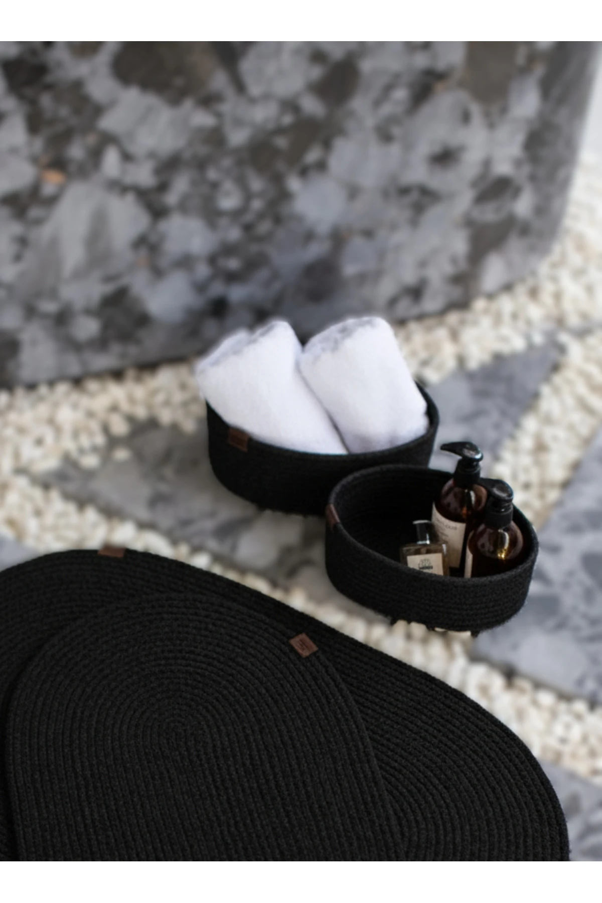 Siyah Hasır / Jüt 4 Parça Banyo Paspas Takımı | Oval Sepet, Paspas Ve Dekor Seti