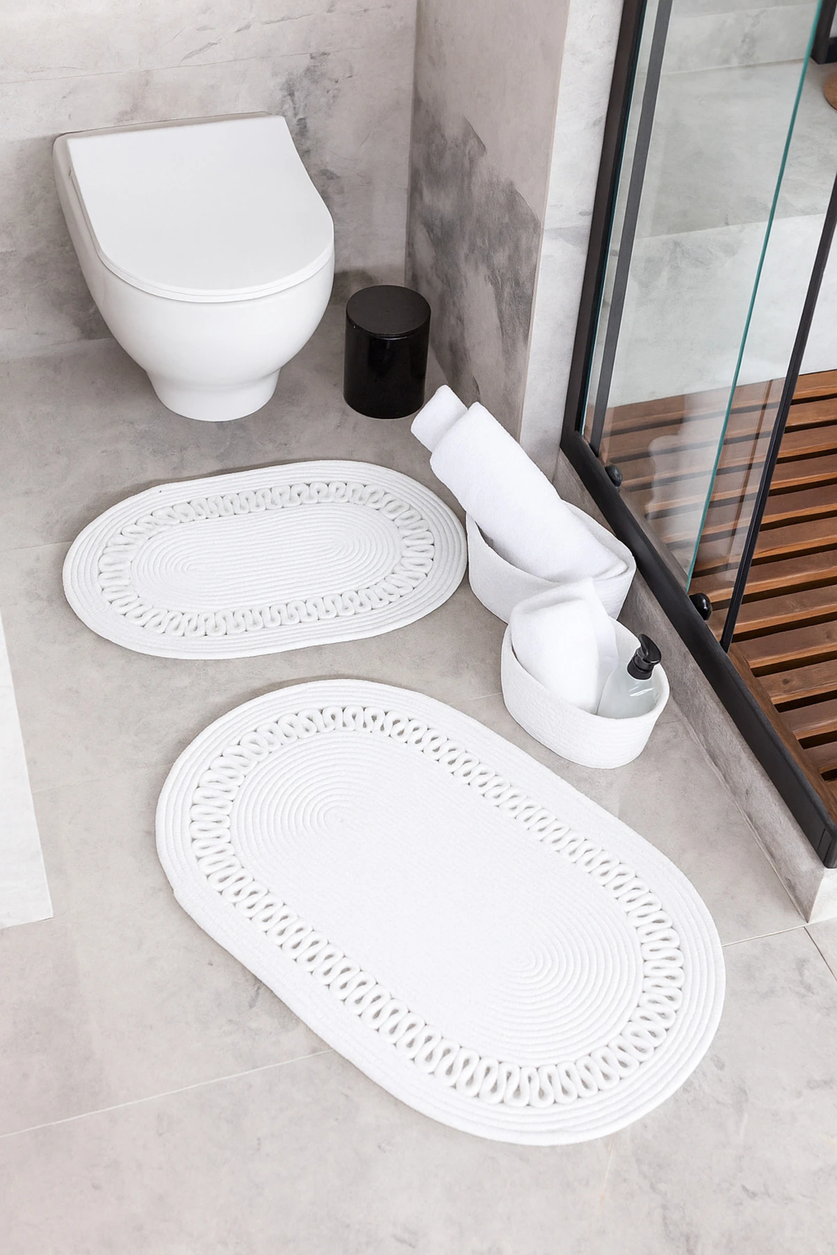 Beyaz Hasır / Jüt 4 Parça Trikotlu Banyo Paspas Takımı | Oval Sepet, Paspas Ve Dekor Seti