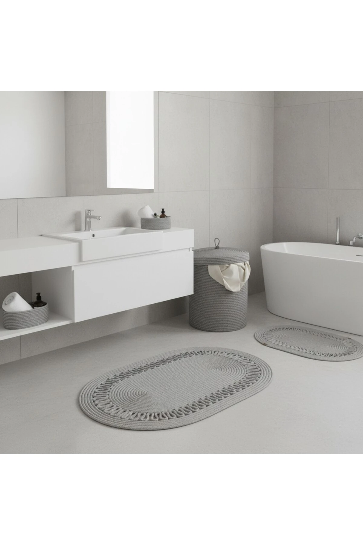 Hasır / Jüt 5 Parça Gri Trikotlu Banyo Paspas Takımı | Kirli Sepeti | Oval Sepetler