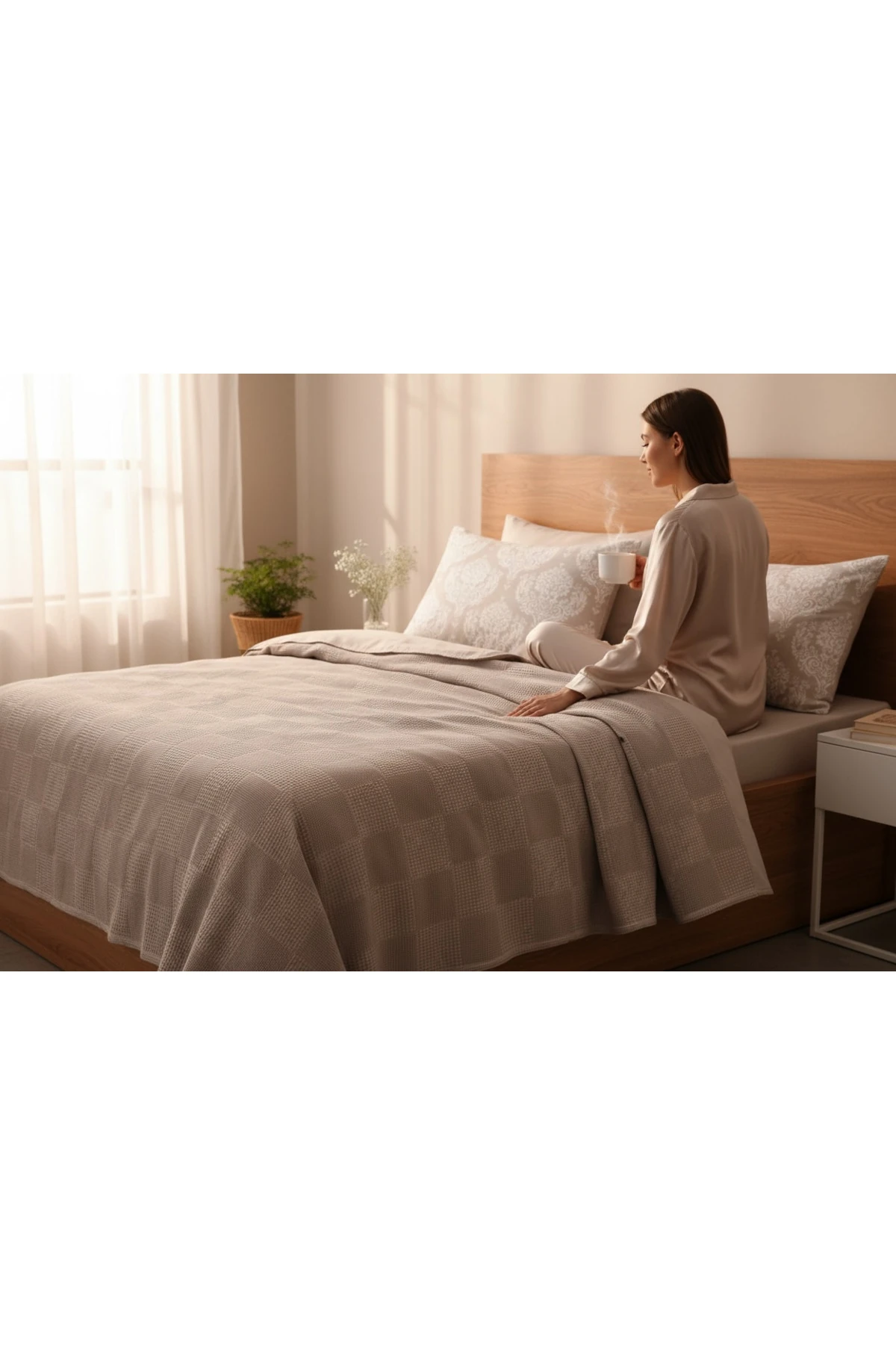 %100 Pamuk Weave Serisi Lastikli Çarşaflı Pike Takımı Çift Kişilik 4 Parça Post Desenli Camel