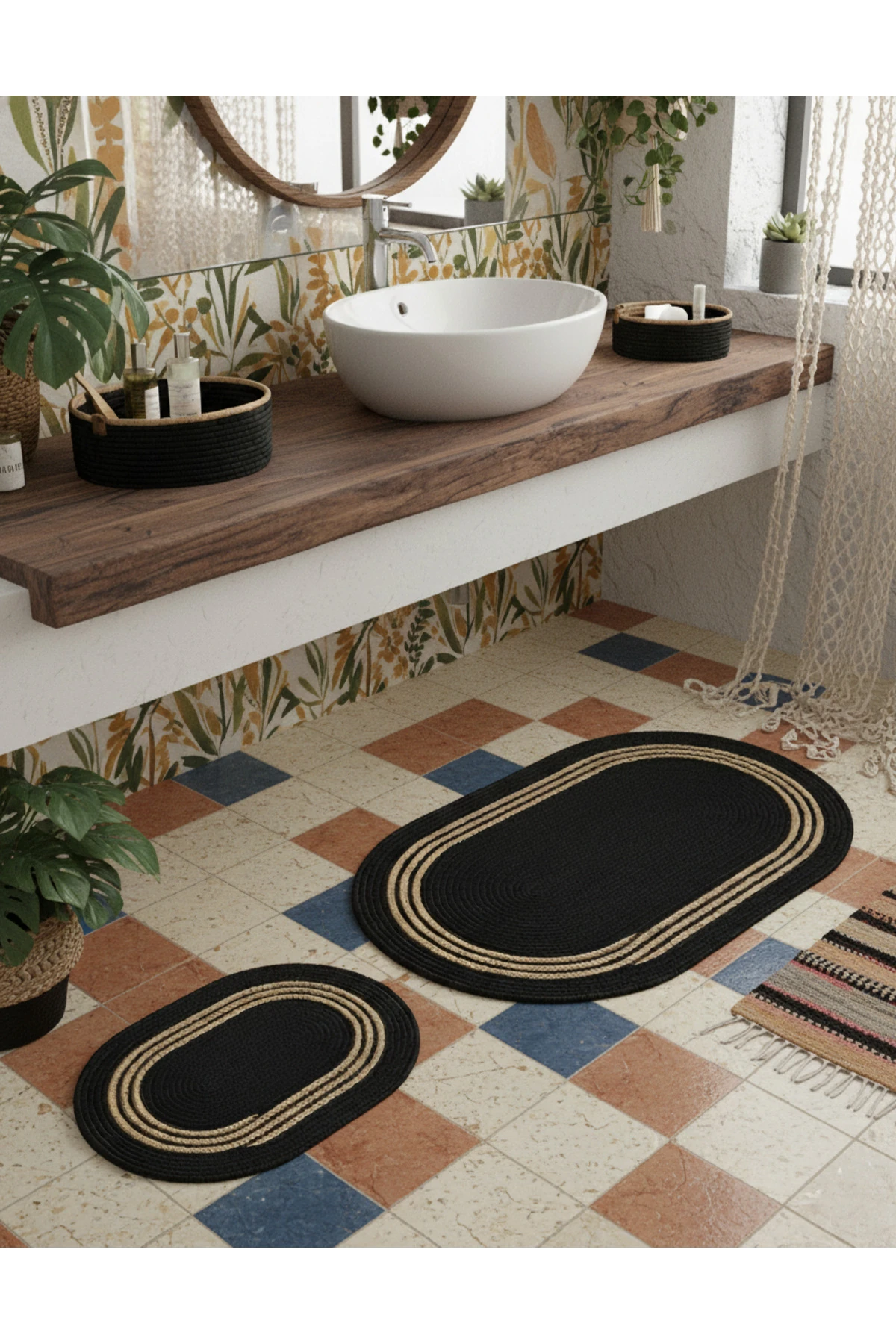 Siyah Hasır Çizgili / Jüt 4 Parça Çizgili Banyo Paspas Takımı | Oval Sepet, Paspas Ve Dekor Seti