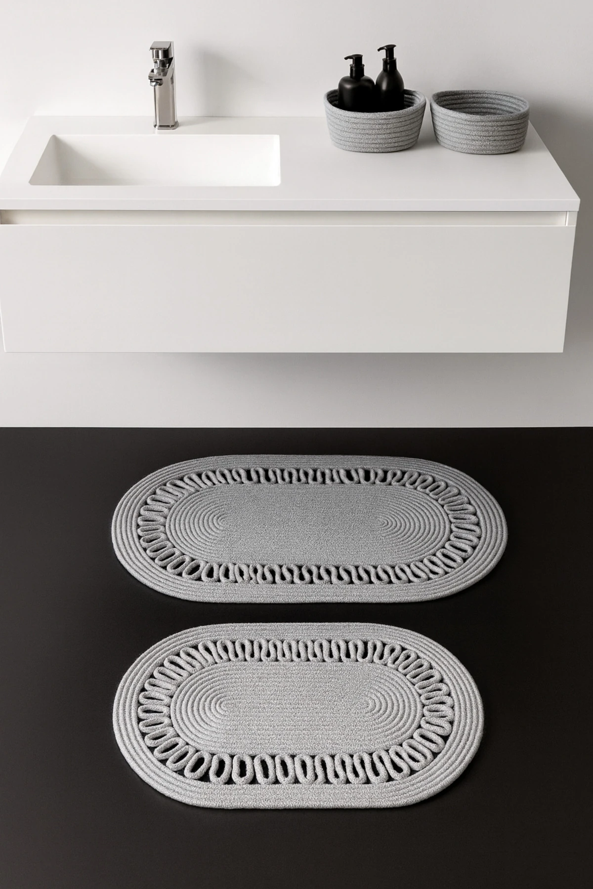 Gri Hasır / Jüt 4 Parça Trikotlu Banyo Paspas Takımı | Oval Sepet, Paspas Ve Dekor Seti