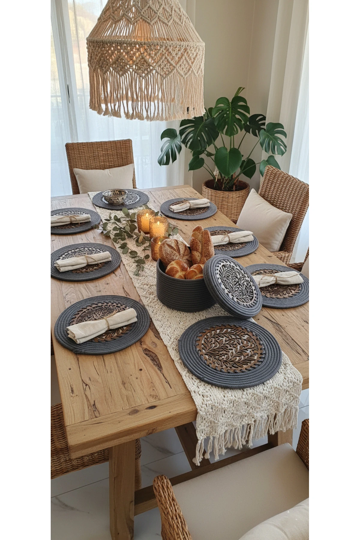 4 lü Ahşap Detaylı Jüt Supla Takımı ve Ekmek Sepeti Antrasit / Şık Özel Tasarım / Comfort Table Mat