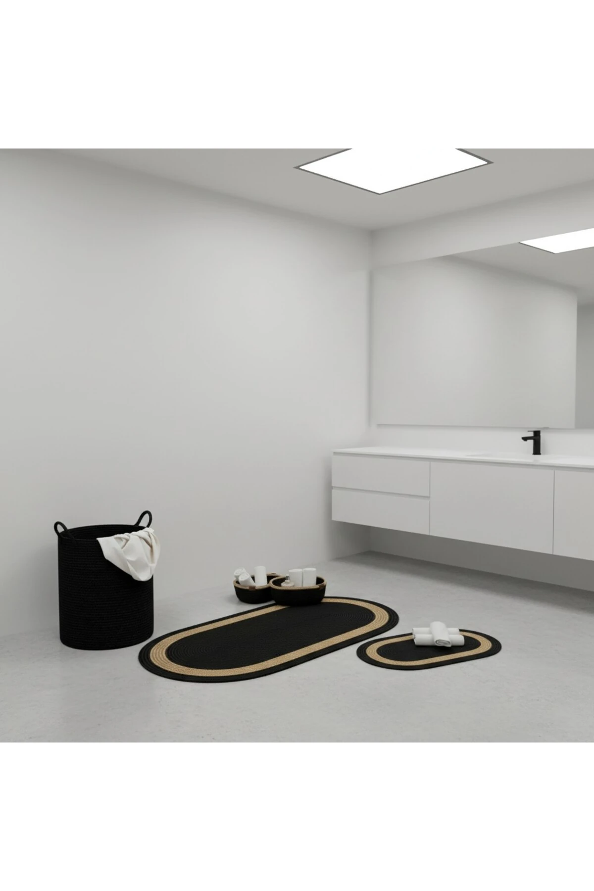 Hasır / Jüt 5 Parça Hasır Şeritli Banyo Paspas Takımı | Kirli Sepeti | Oval Sepetler