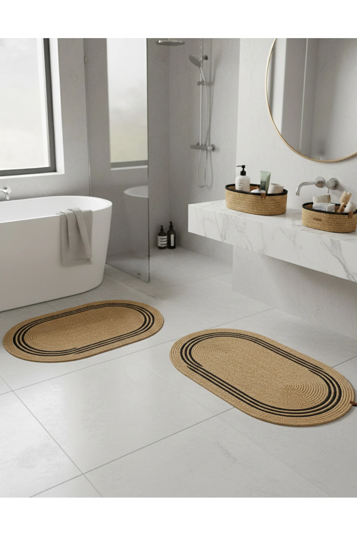 Hasır Siyah Çizgili / Jüt 4 Parça Çizgili Banyo Paspas Takımı | Oval Sepet, Paspas Ve Dekor Seti