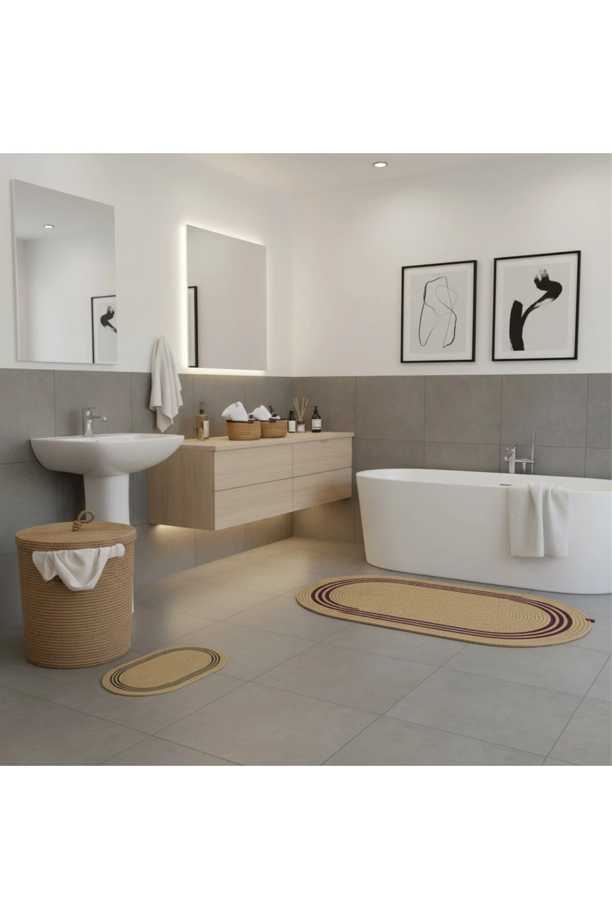 Hasır / Jüt 5 Parça Siyah Çizgili Banyo Paspas Takımı | Kirli Sepeti | Oval Sepetler