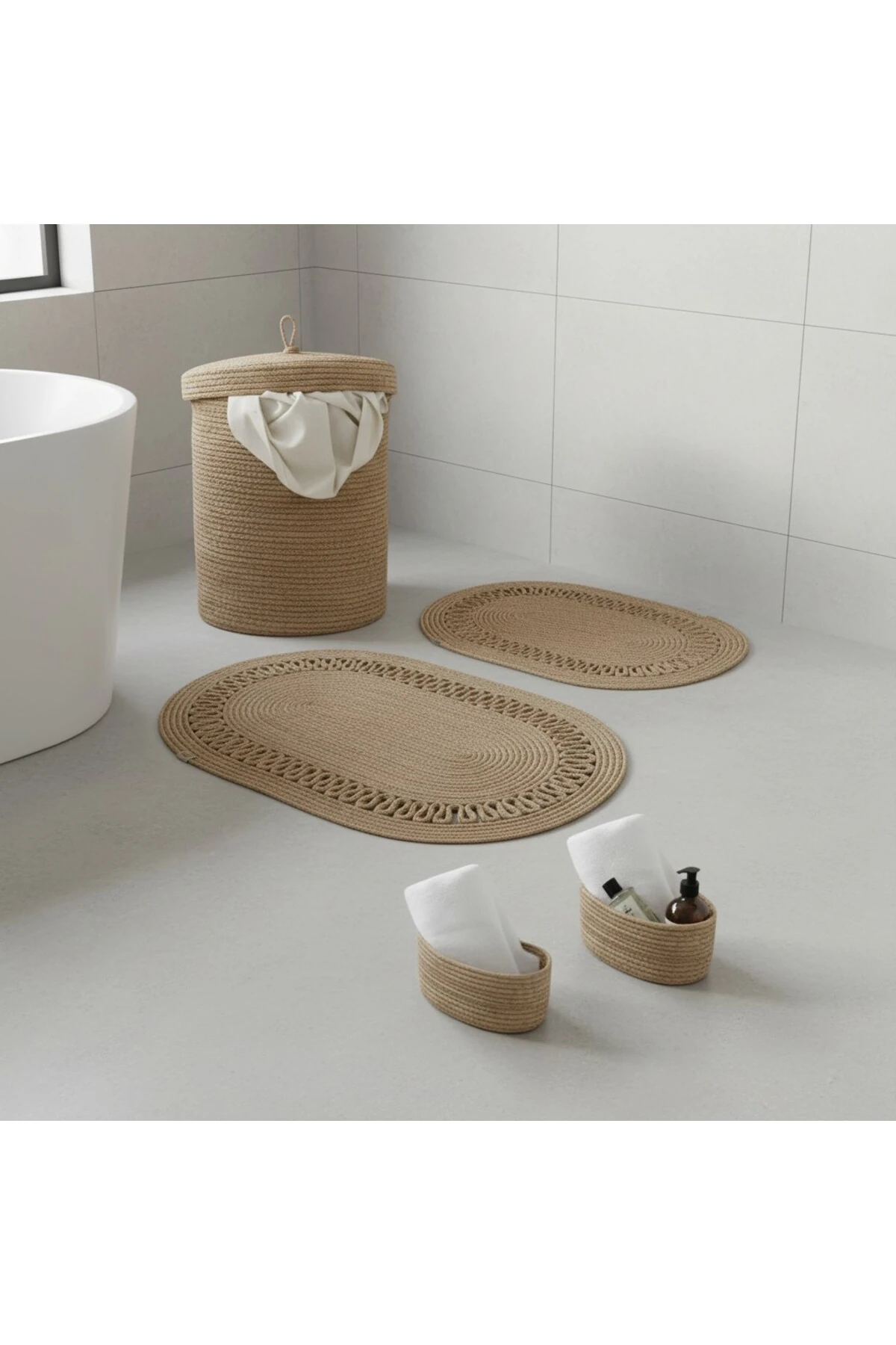 Hasır / Jüt 5 Parça Hasır Trikotlu Banyo Paspas Takımı | Kirli Sepeti | Oval Sepetler