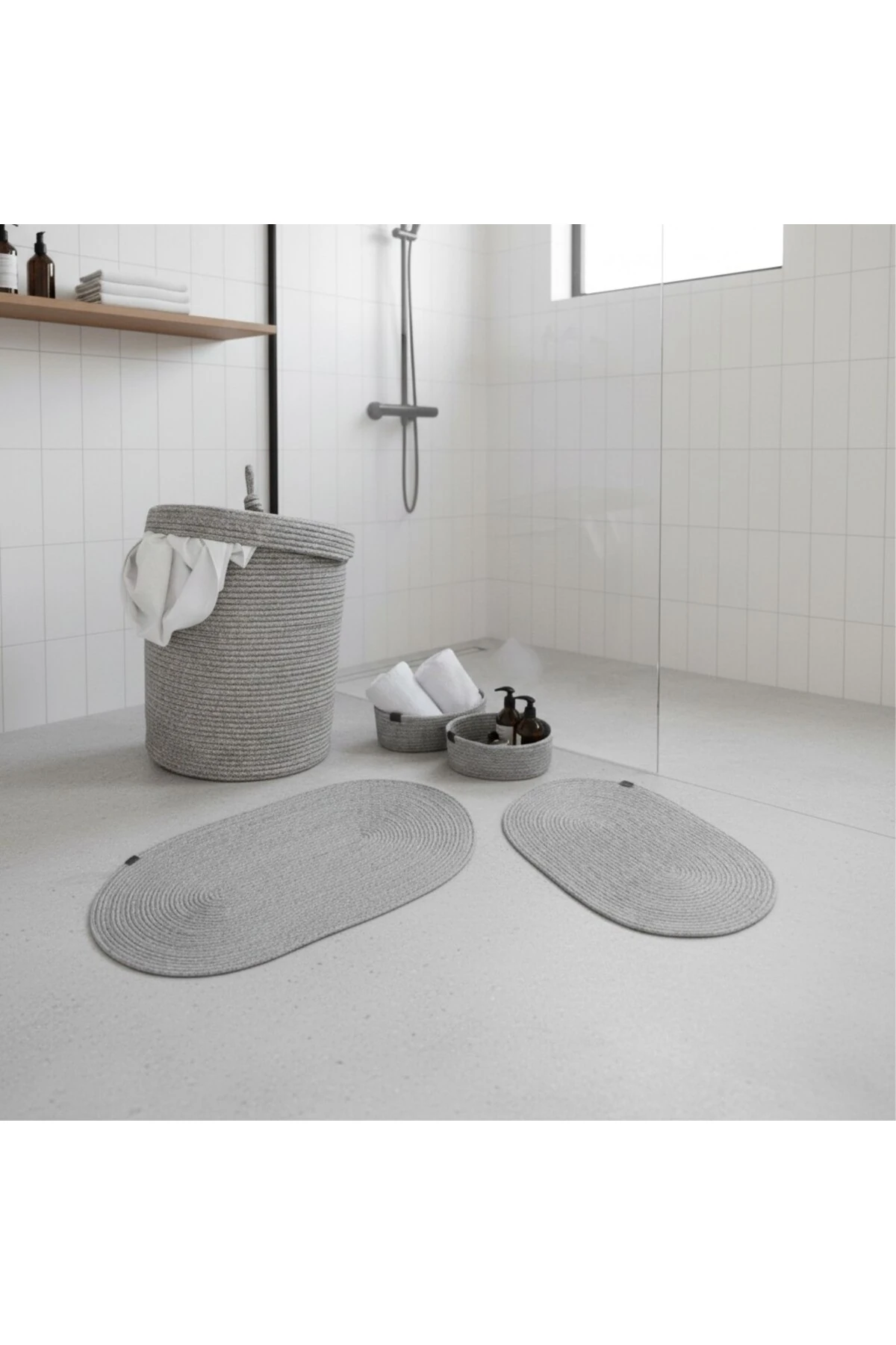 Hasır / Jüt 5 Parça Gri Banyo Paspas Takımı | Kirli Sepeti | Oval Sepetler