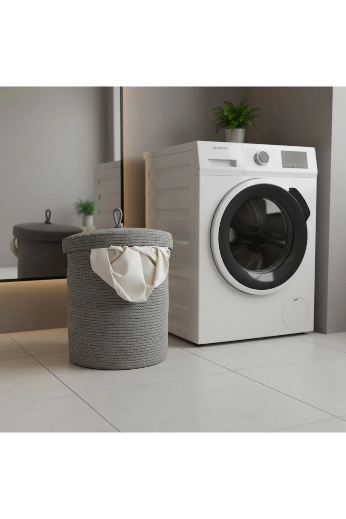Jüt Kapaklı Hasır Kirli Çamaşır Sepeti Gri | Oyuncak, Banyo Organizeri | 35x40 Cm |