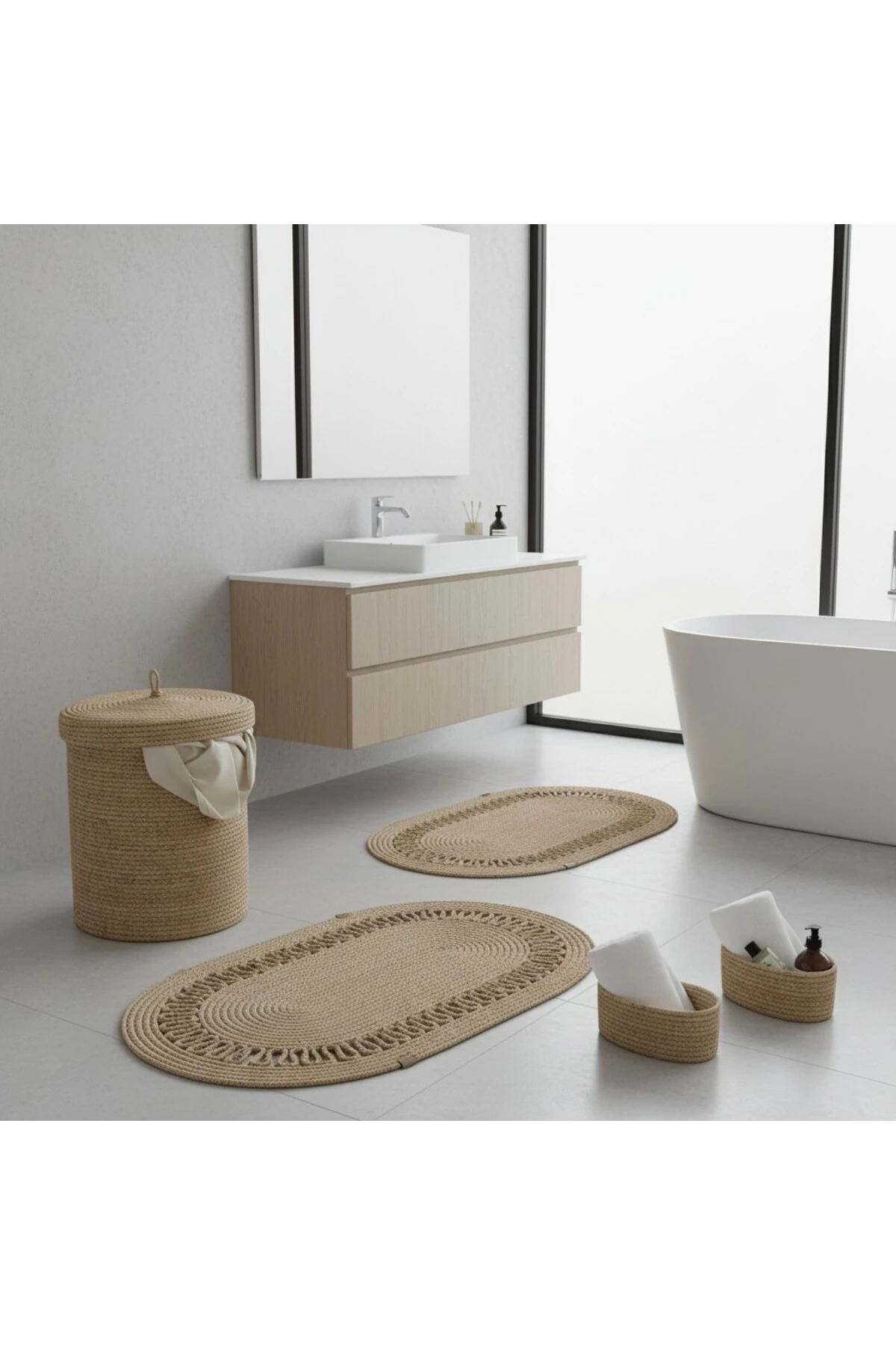 Hasır / Jüt 5 Parça Hasır Trikotlu Banyo Paspas Takımı | Kirli Sepeti | Oval Sepetler