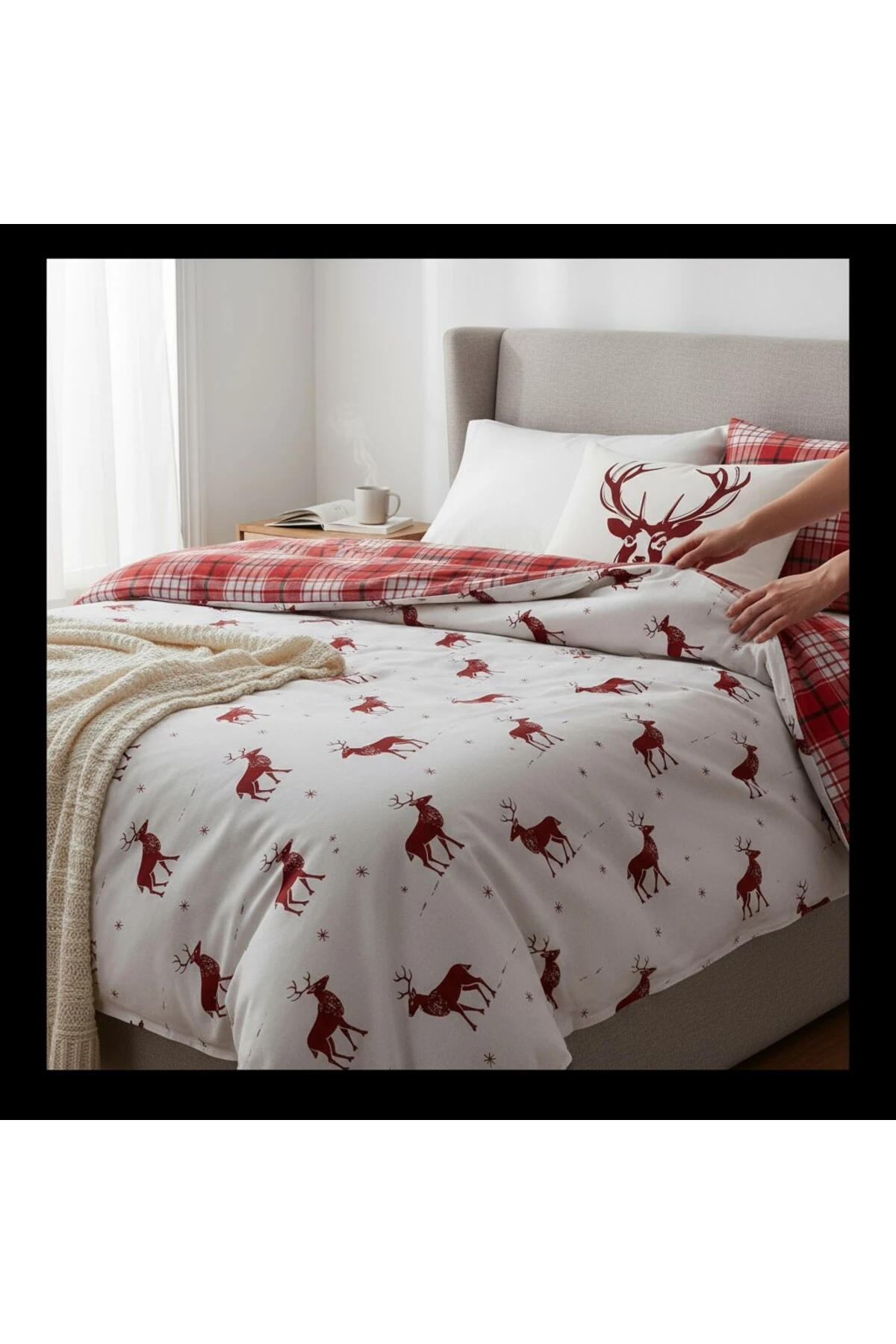 Tek Kişilik Kolay Ütülenir Nevresim Takımı Bordo Geyik