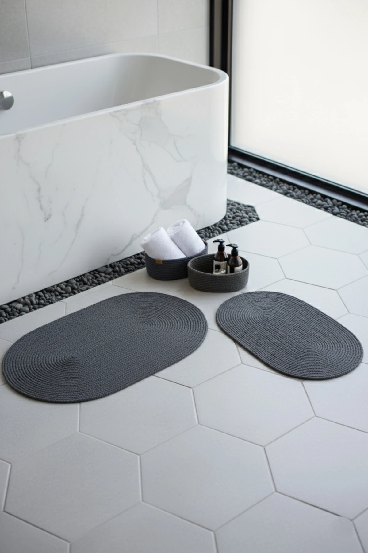 Antrasit Hasır / Jüt 4 Parça Banyo Paspas Takımı | Oval Sepet, Paspas Ve Dekor Seti