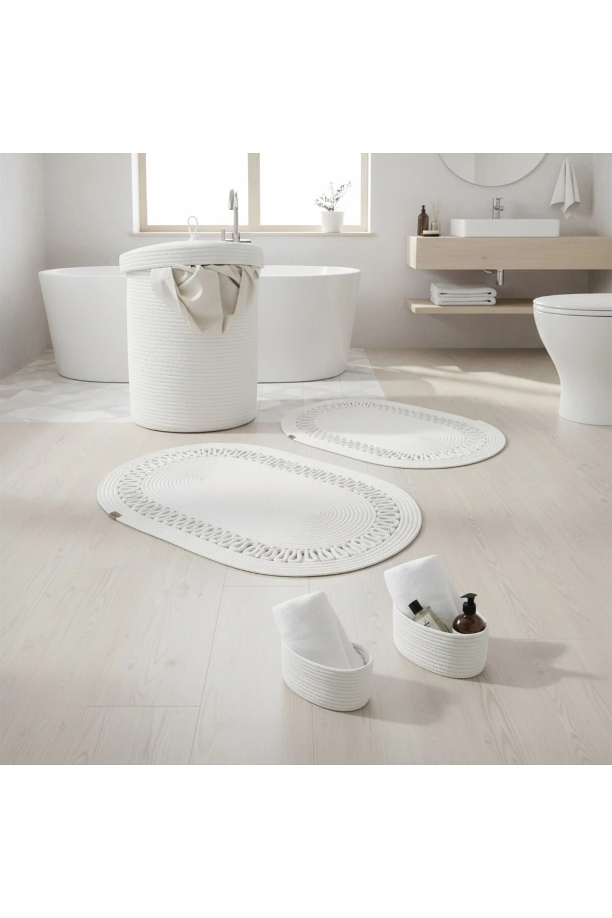 Hasır / Jüt 5 Parça Beyaz Trikotlu Banyo Paspas Takımı | Kirli Sepeti | Oval Sepetler