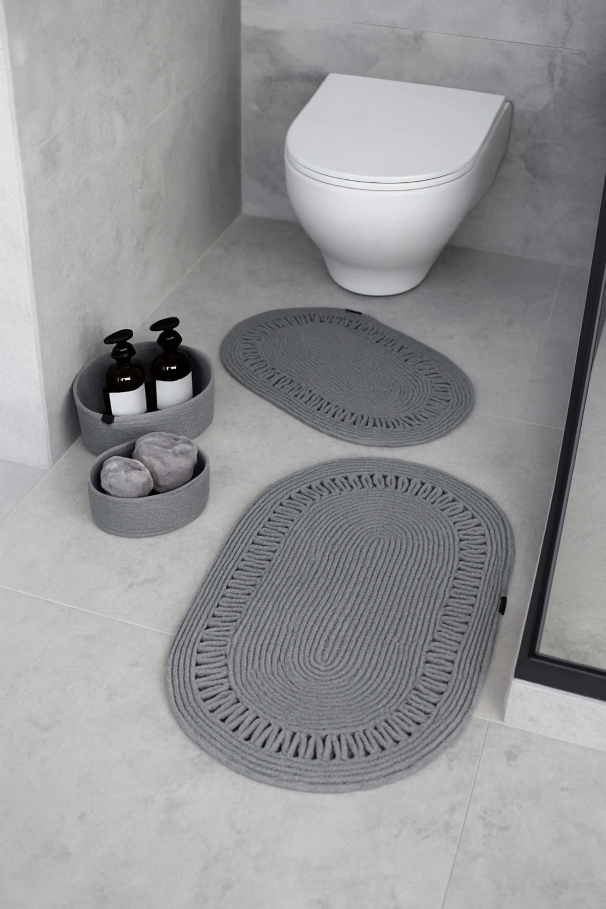 Gri Hasır / Jüt 4 Parça Trikotlu Banyo Paspas Takımı | Oval Sepet, Paspas Ve Dekor Seti