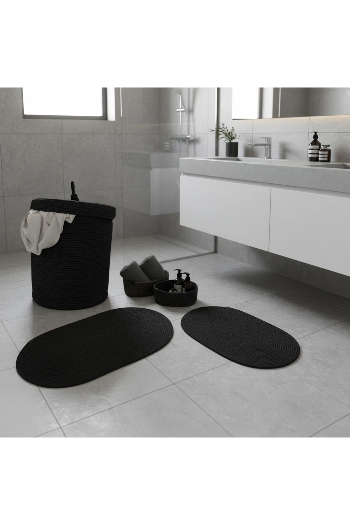 Hasır / Jüt 5 Parça Siyah Banyo Paspas Takımı | Kirli Sepeti | Oval Sepetler