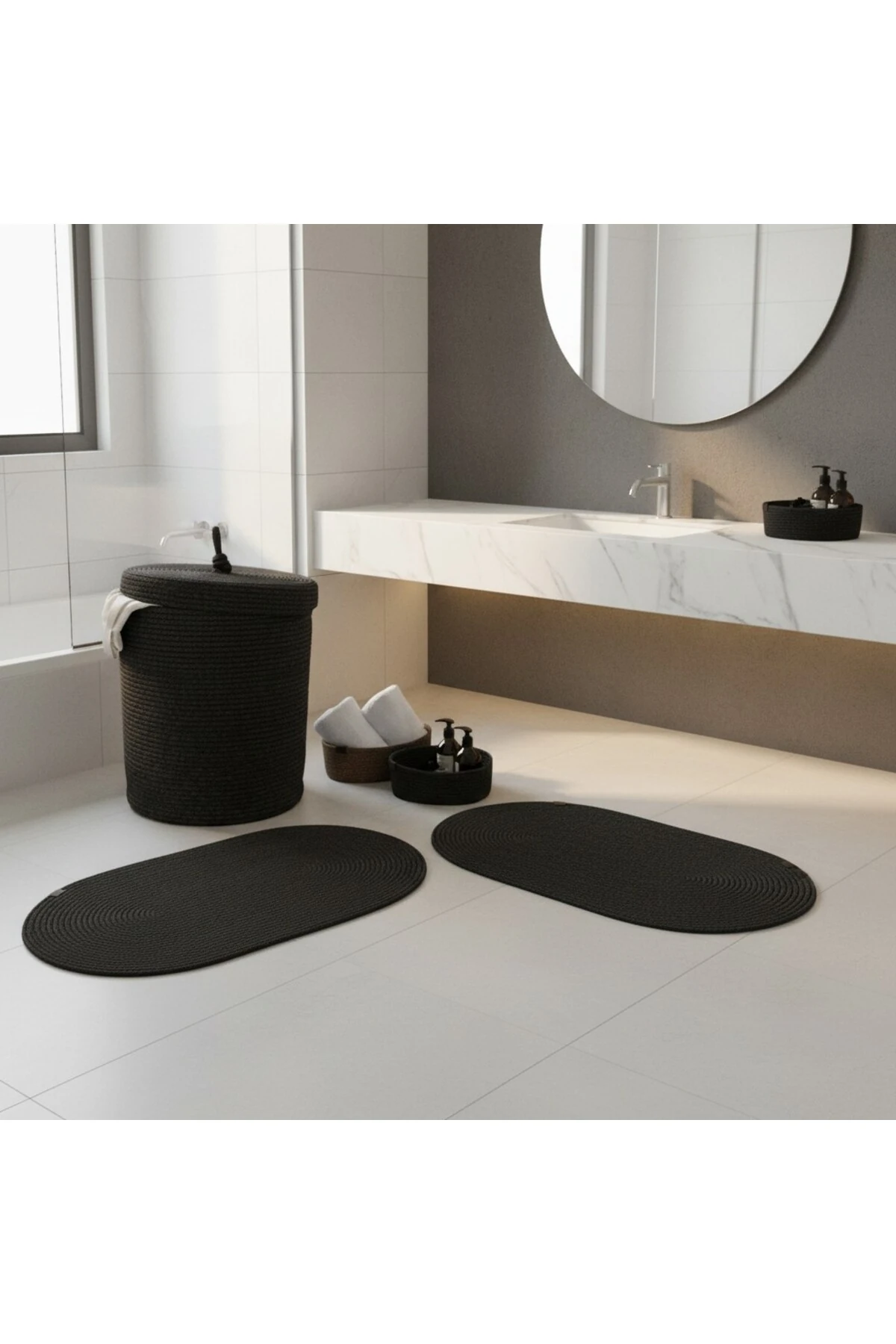Hasır / Jüt 5 Parça Siyah Banyo Paspas Takımı | Kirli Sepeti | Oval Sepetler