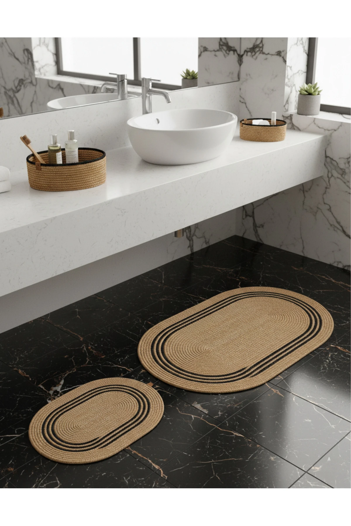 Hasır Siyah Çizgili / Jüt 4 Parça Çizgili Banyo Paspas Takımı | Oval Sepet, Paspas Ve Dekor Seti