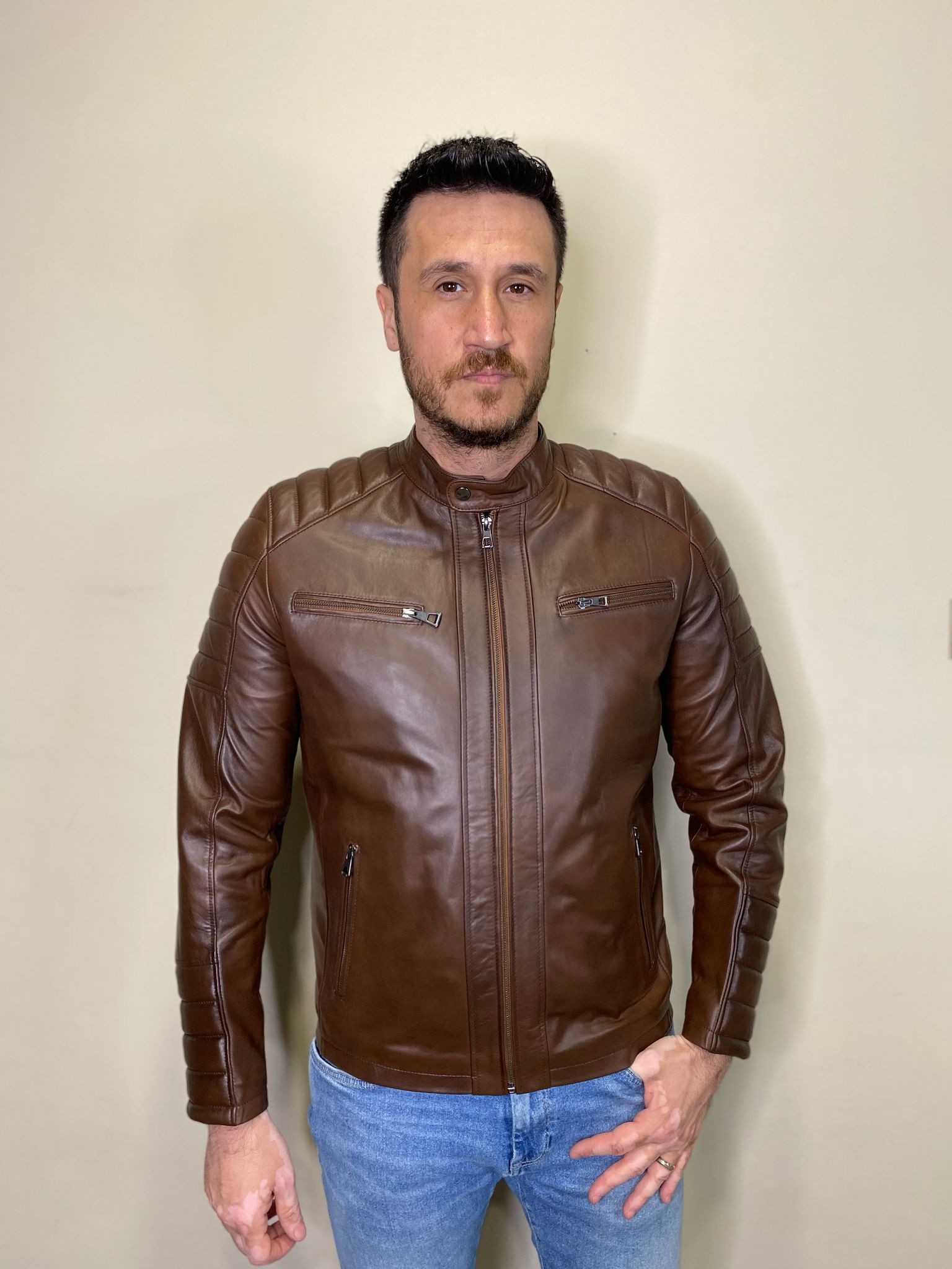 E-35/ İ-33 Hakiki Deri Deri Mont Kahverengi Fermuar Detaylı Deri Ceket