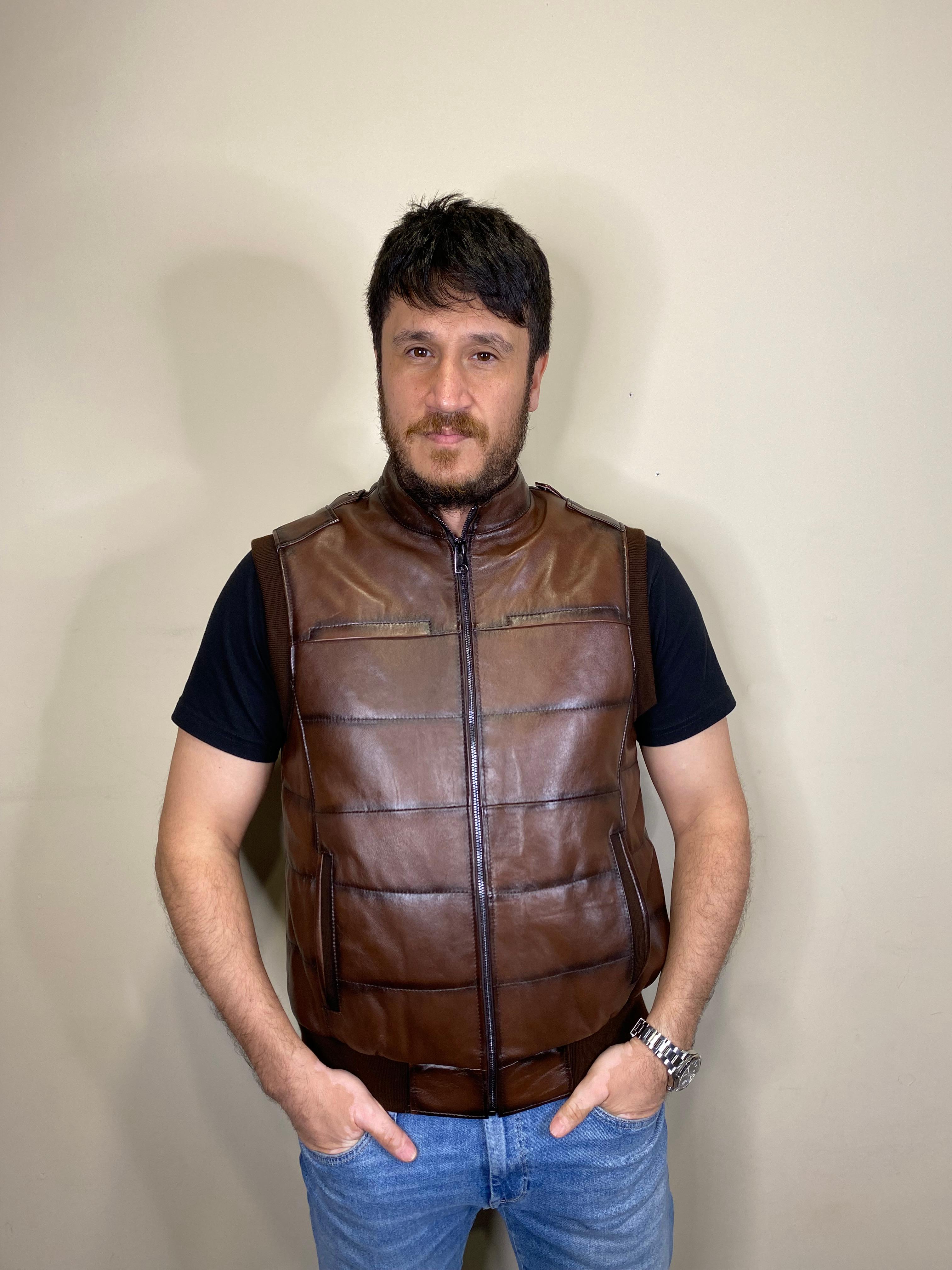 Hakiki Deri Şişme Triko Kahverengi Yelek 
