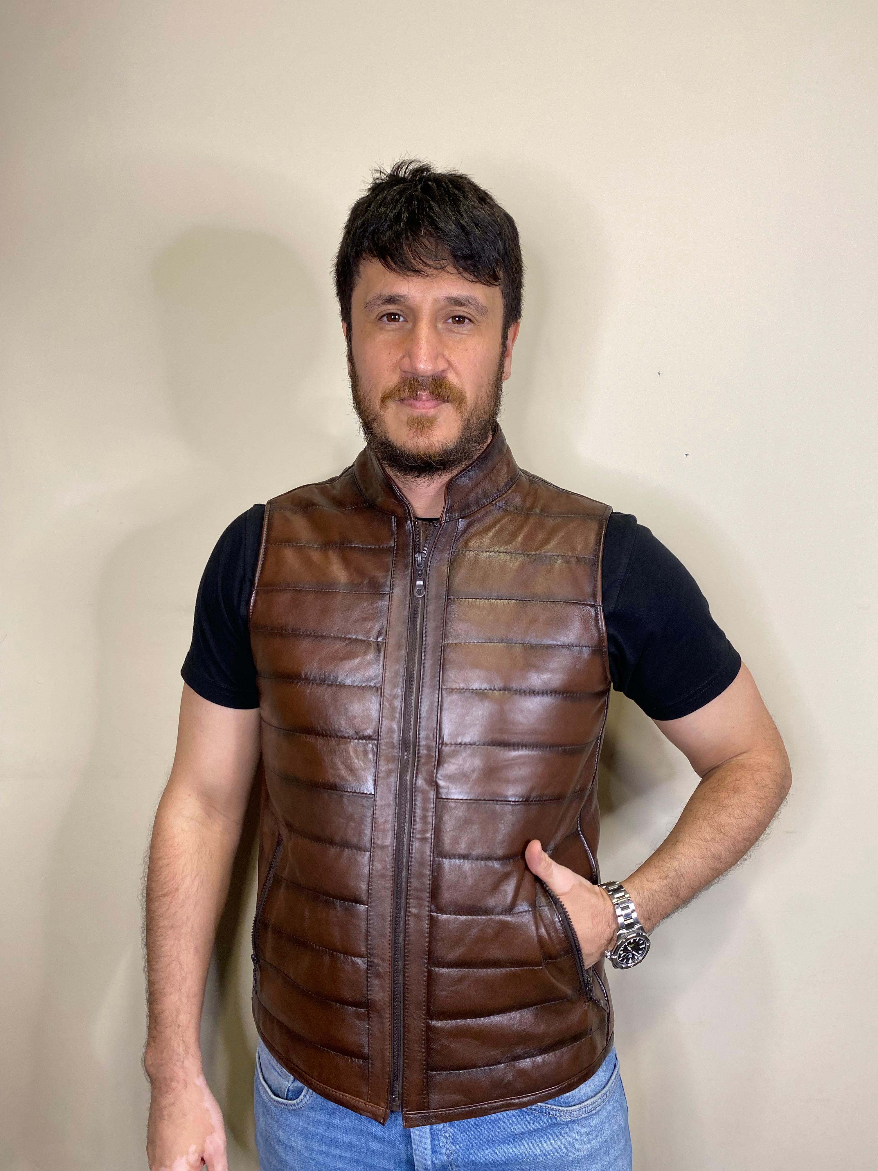Hakiki Deri Hakim Yaka kahverengi Deri Yelek 