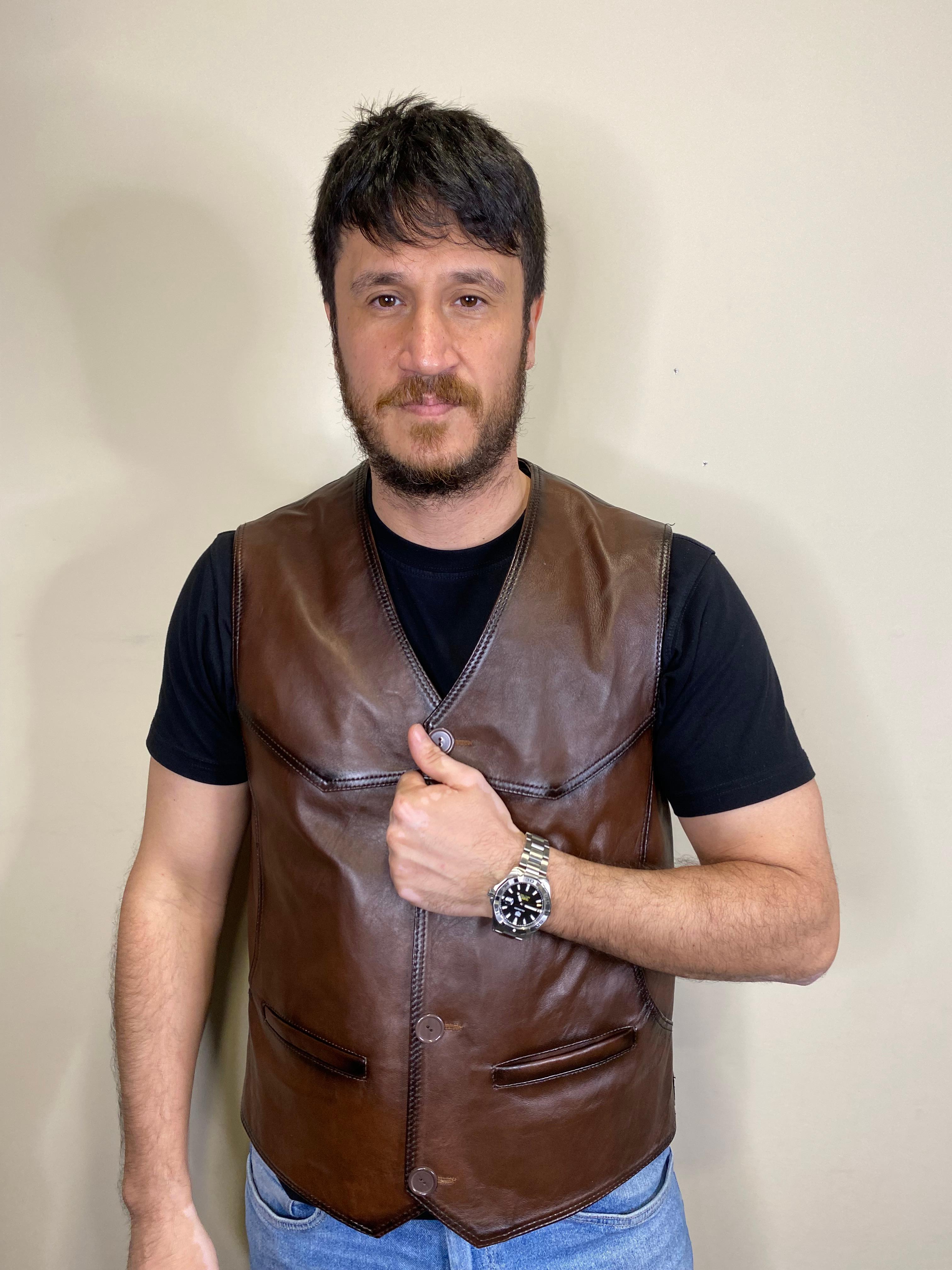 Hakiki Deri Titan 2 Model Kahverengi Deri Yelek