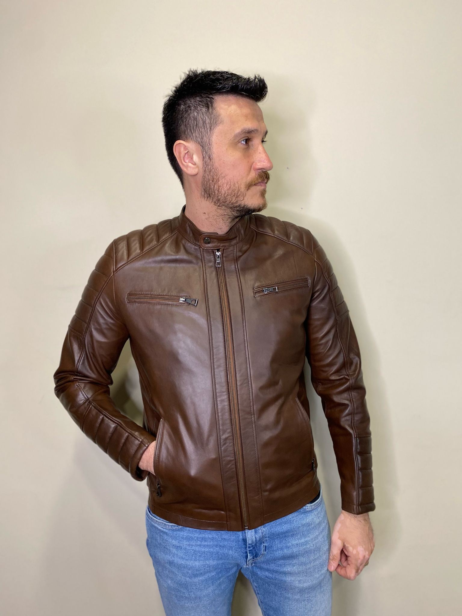 E-35/ İ-33 Hakiki Deri Deri Mont Kahverengi Fermuar Detaylı Deri Ceket