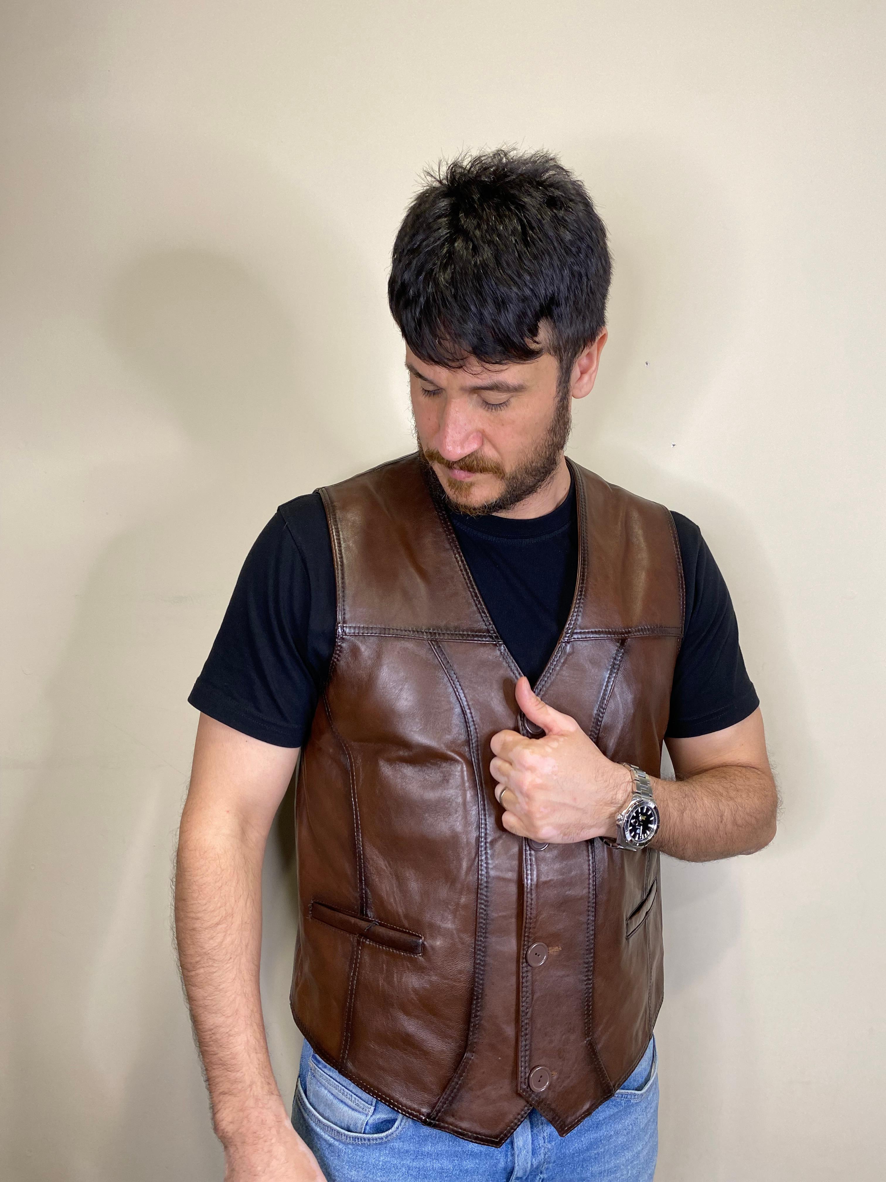 Hakiki Deri Kahverengi Titan Model Deri Yelek 