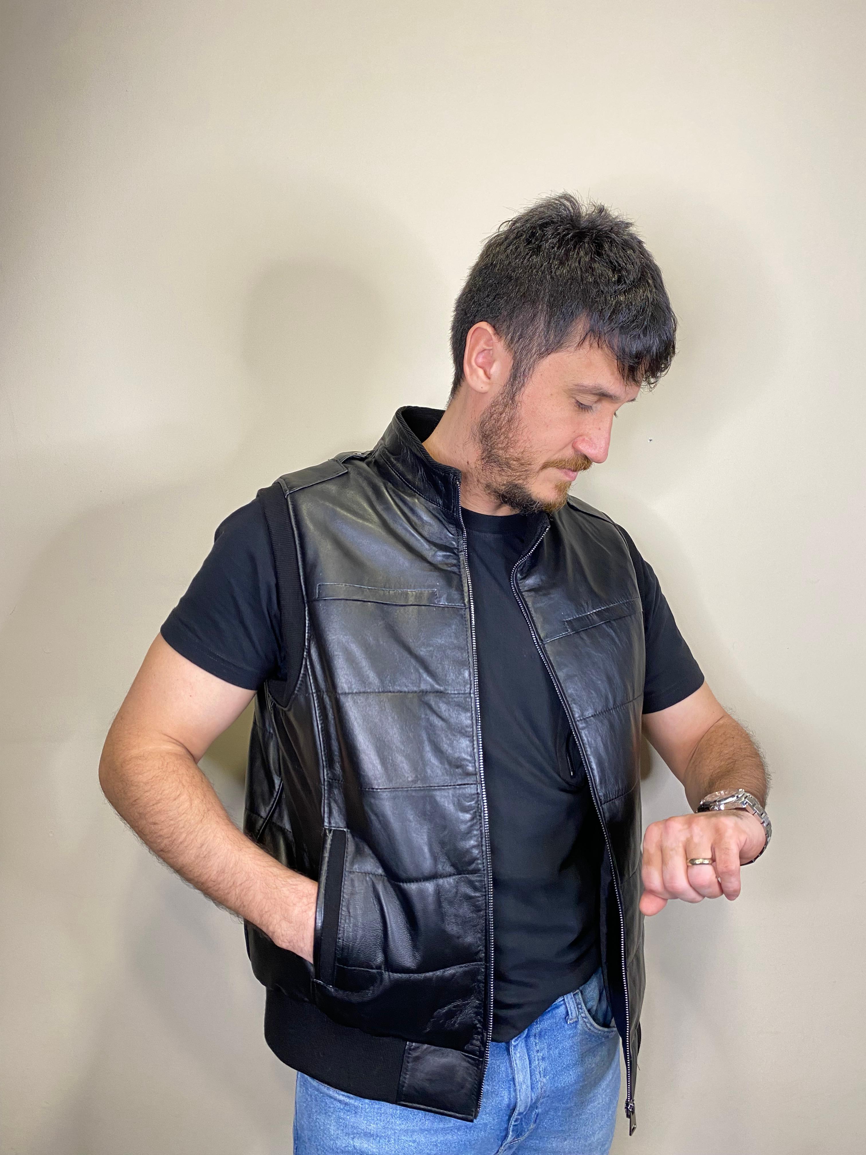 Hakiki Deri Şişme Triko Siyah Yelek