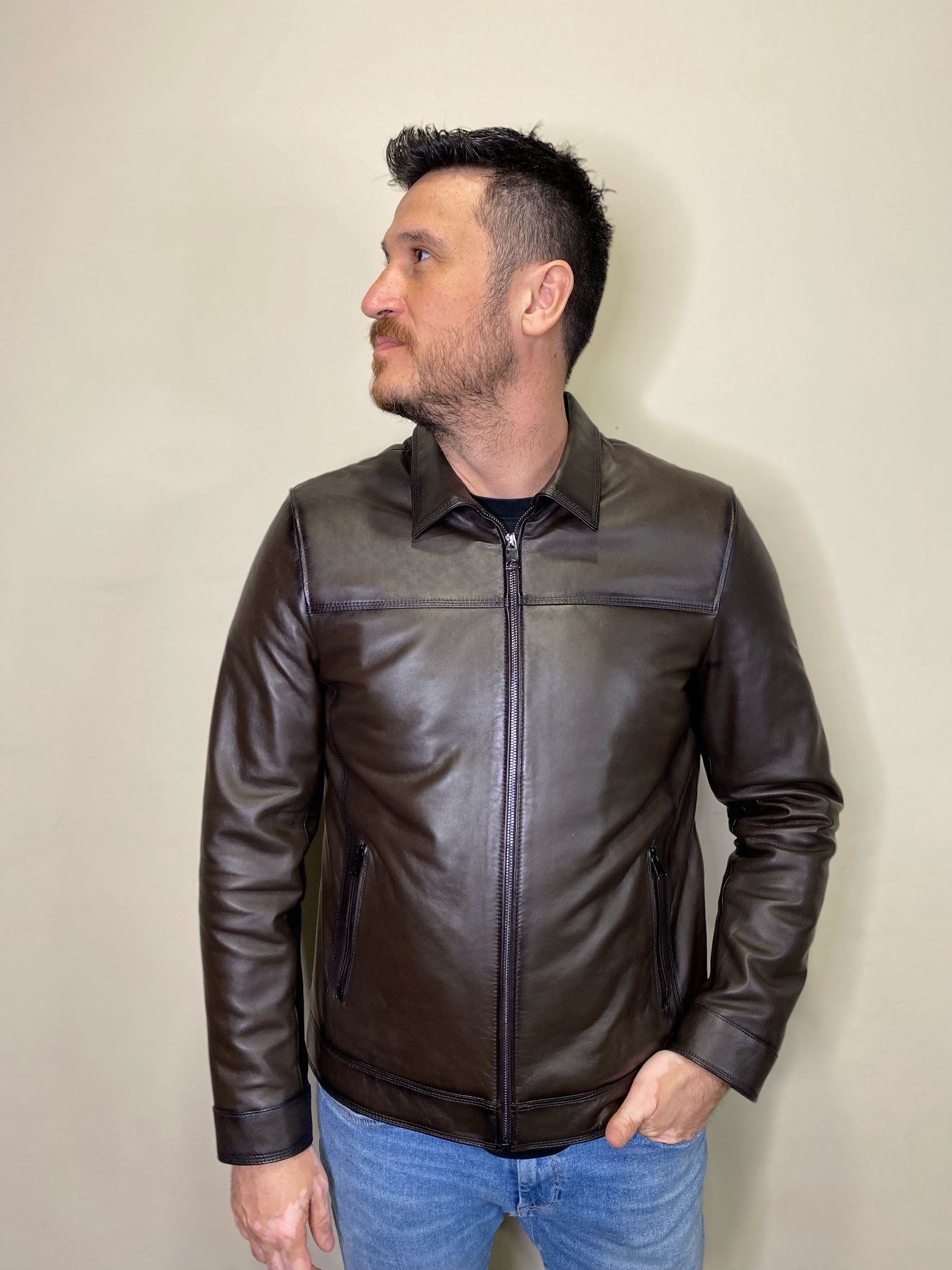 Zaza Model Kahverengi  Hakiki Deri Mont Fermuar Detaylı Deri Ceket 