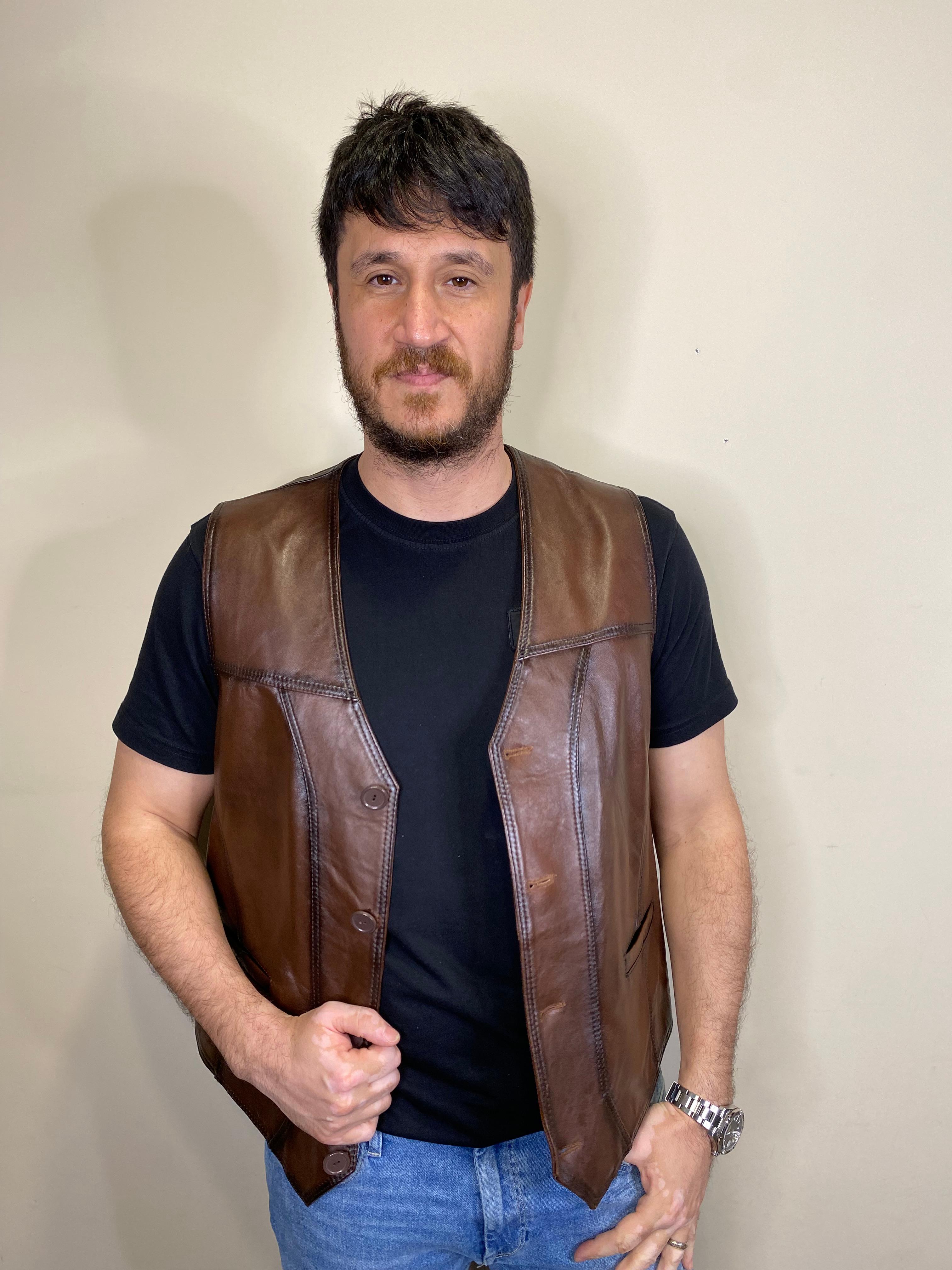 Hakiki Deri Kahverengi Titan Model Deri Yelek 