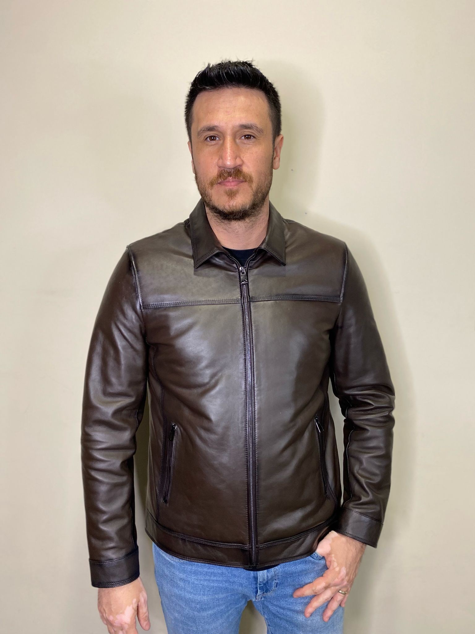 Zaza Model Kahverengi  Hakiki Deri Mont Fermuar Detaylı Deri Ceket 