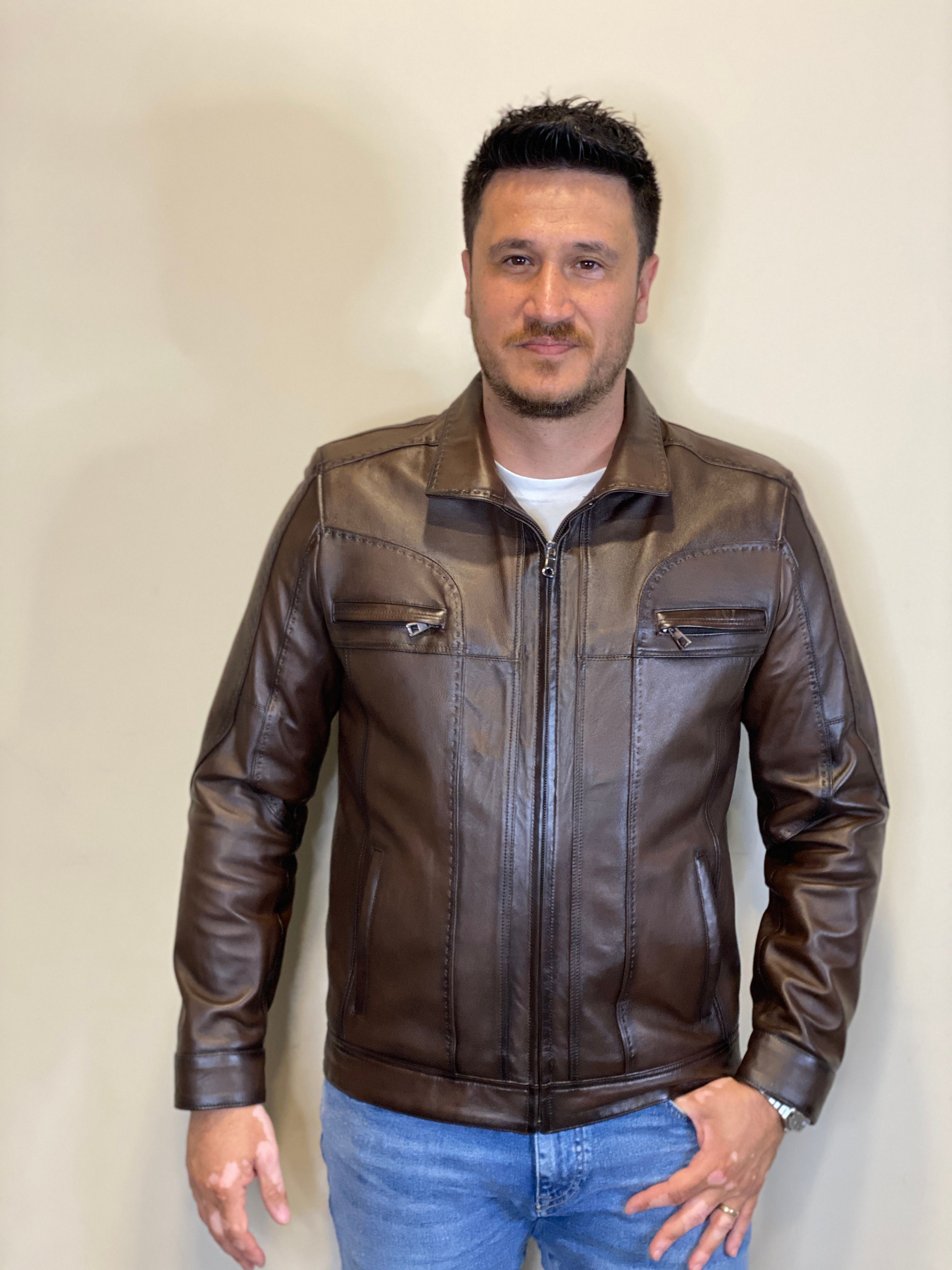 Hakiki Deri M-23 Kahverengi Deri Mont Fermuar Detaylı Deri Ceket